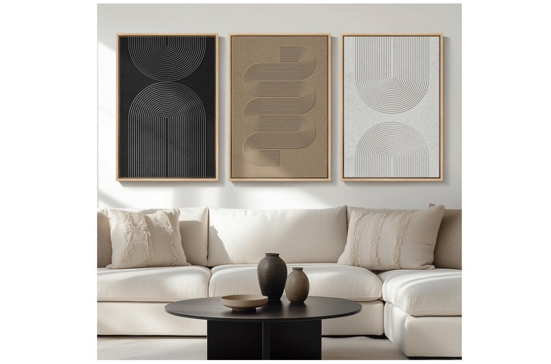 Large Framed Boho Modern Neutral Abstract Wall Art for Living Room, 3 Piece Black and White Canvas Prints Paintings Artwork for Walls, Geometric Pictures...