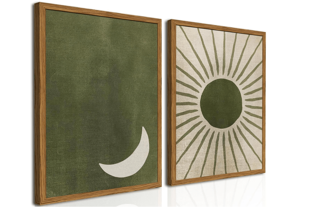 Framed Boho Sun and Moon Canvas Wall Art Set of 2, Vintage Sage Green Bohemian Pictures Wall Decor, Mid Century Modern Abstract Minimalist Paintings Prints...