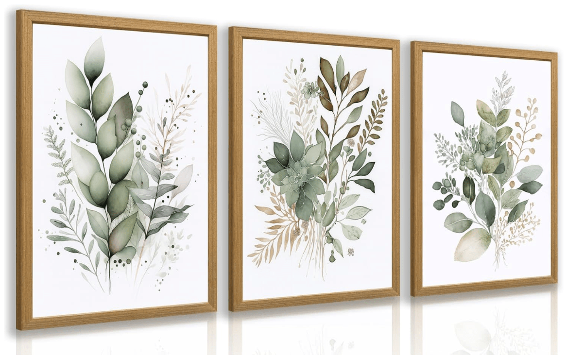 LLEEMPI Sage Green Wall Art Set of 3, Modern Watercolor Botanical Wall Decor, Eucalyptus Leaf Canvas Painting, Classic Minimalist Florals Poster Print for...
