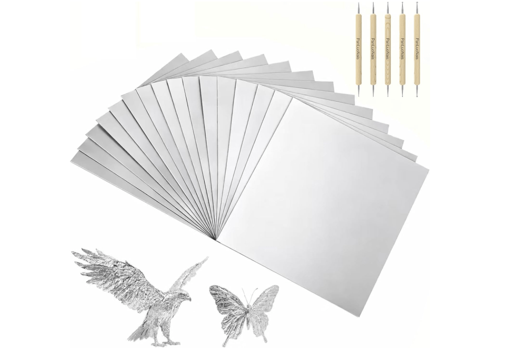 PanLuoNais 100 Pcs Thick Craft & Embossing Foil Sheets ,Durable Tin & Aluminum Foil for DIY Art, Home Repairs and Crafting-Silver
