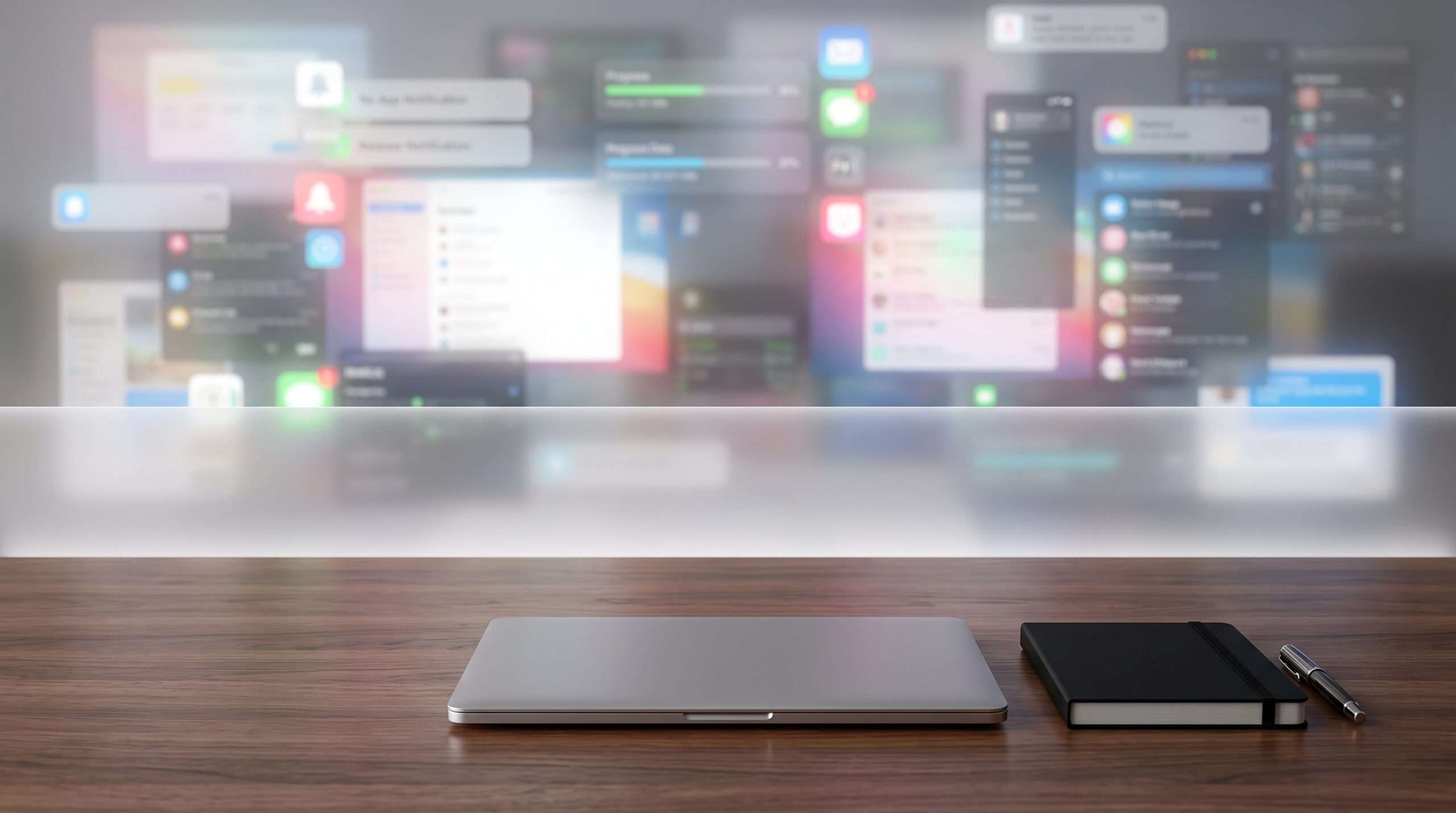 A conceptual photograph showing a tidy desk with a closed laptop in the foreground, contrasted with a chaotic, blurred visual collage of receding digital notification icons and glowing screens, illustrating the brain’s pivot from digital mental fatigue to focused clarity.