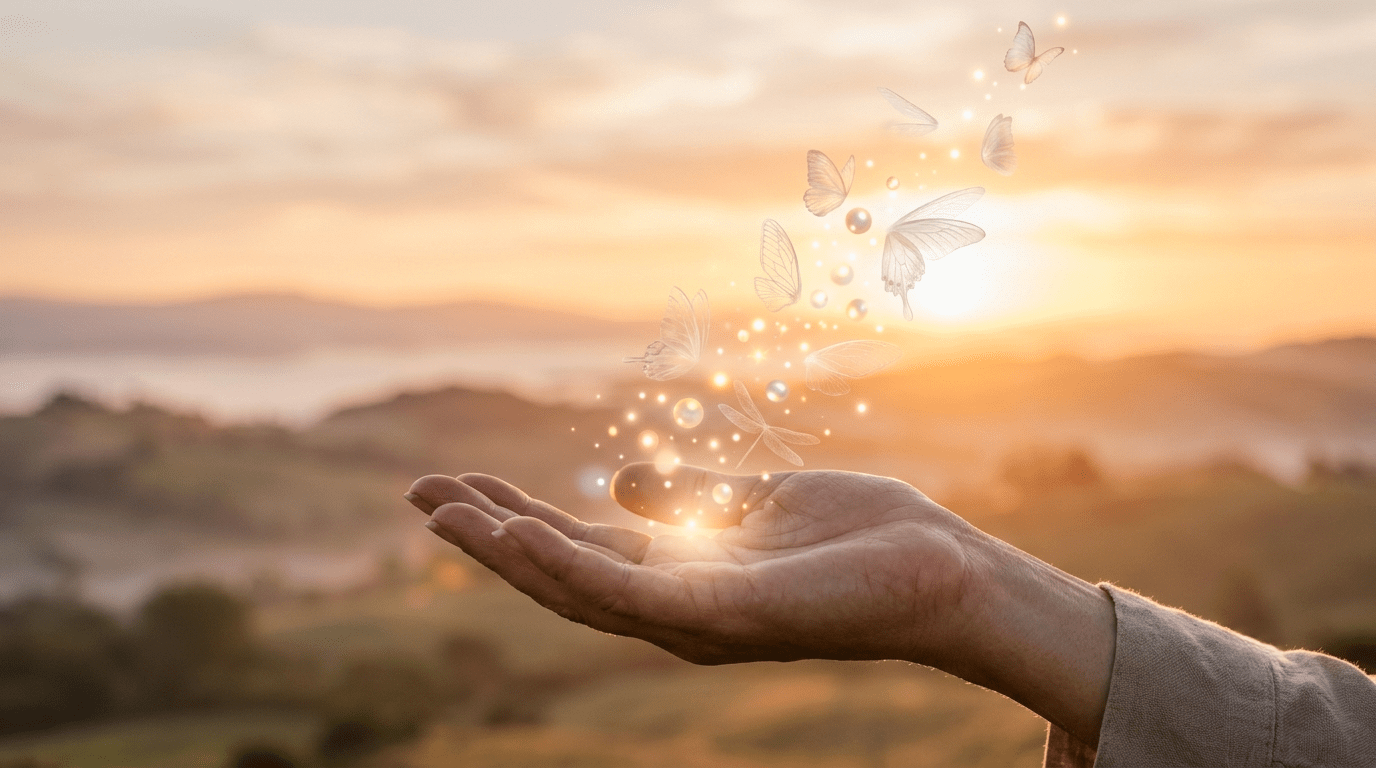 An uplifted hand letting luminous, buoyant elements rise into a golden sunrise, illustrating the feeling of being elated.