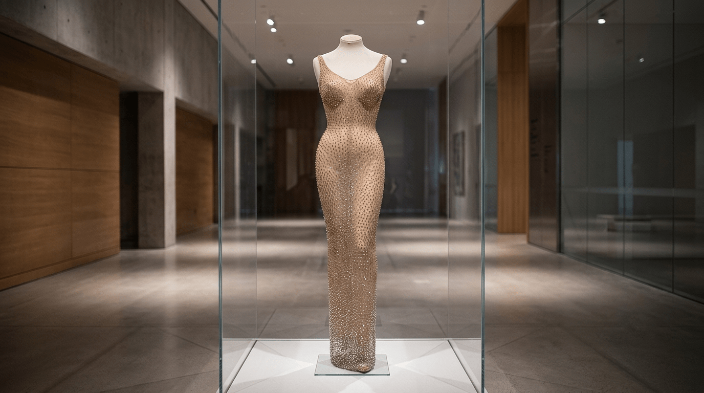 The actual Marilyn Monroe Happy Birthday dress in a high-security museum preservation display, highlighting its fragility after the Met Gala controversy.