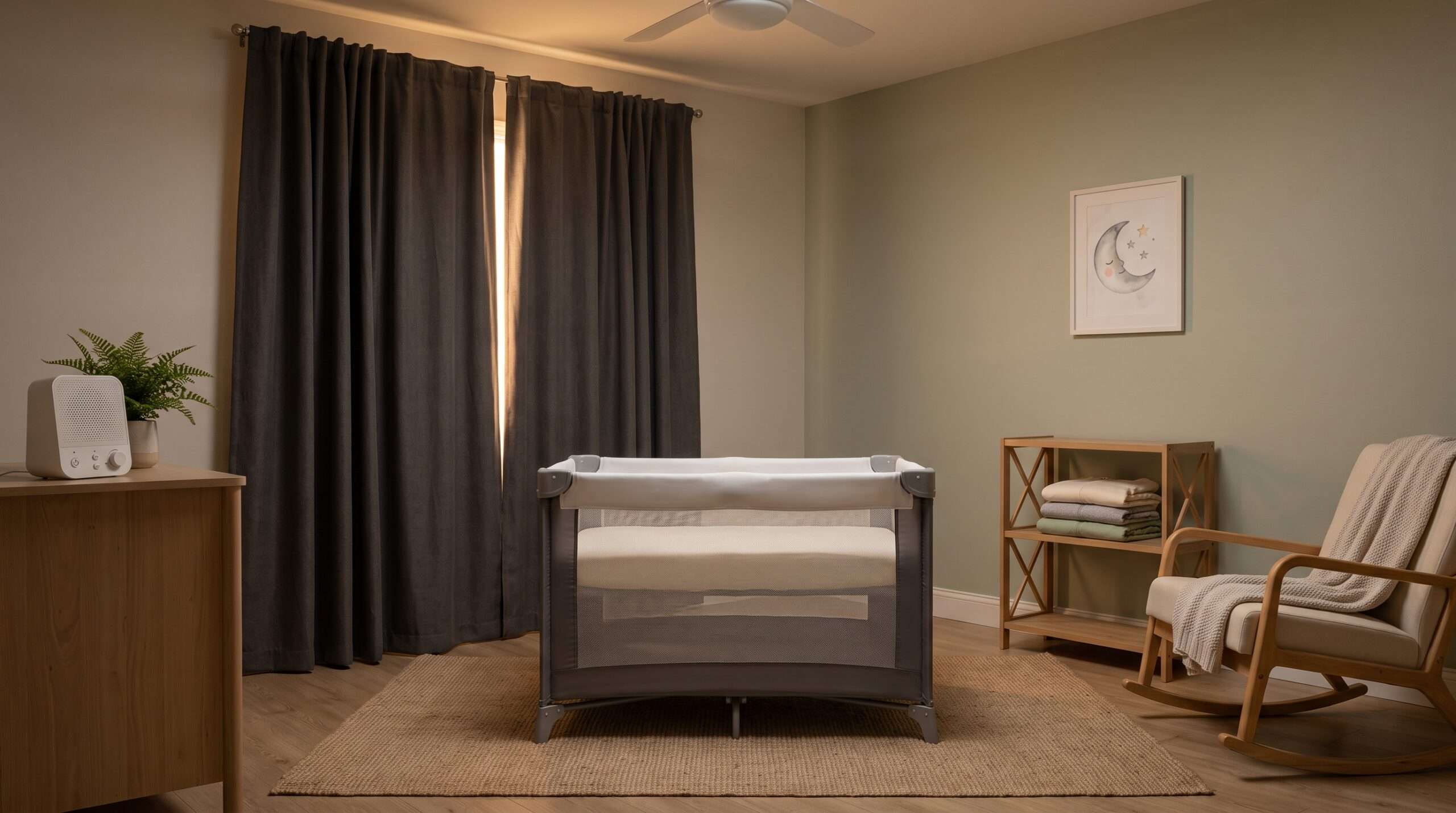 A curated nursery setup with the Dream On Me Pack N Play, blackout curtains, and sound machine for a peaceful baby sleep sanctuary.