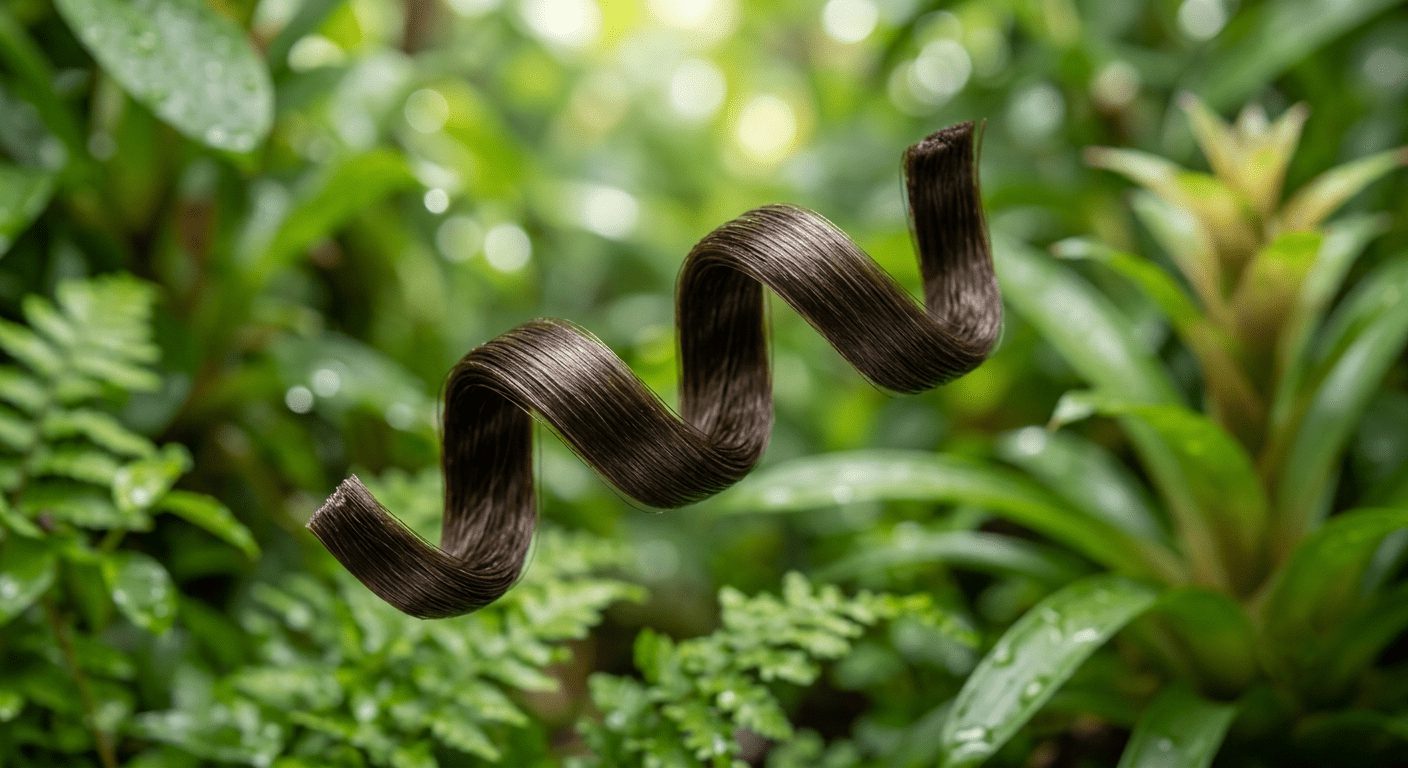 High-resolution macro shot showing defined, shiny, frizz-free curly hair strand texture.