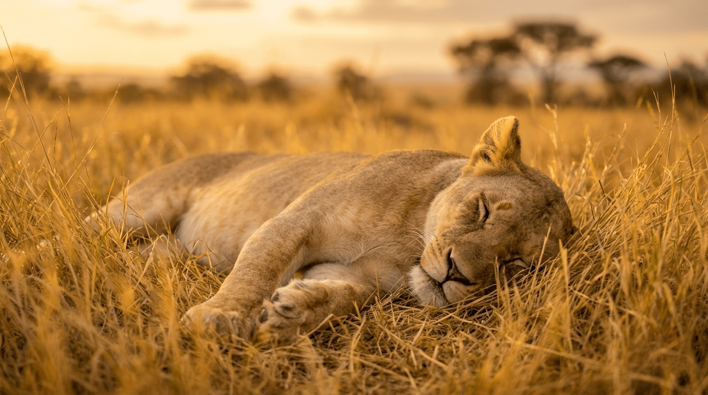 A calm, deeply sleeping lioness in soft grass illustrating the importance of restorative rest for mental well-being.