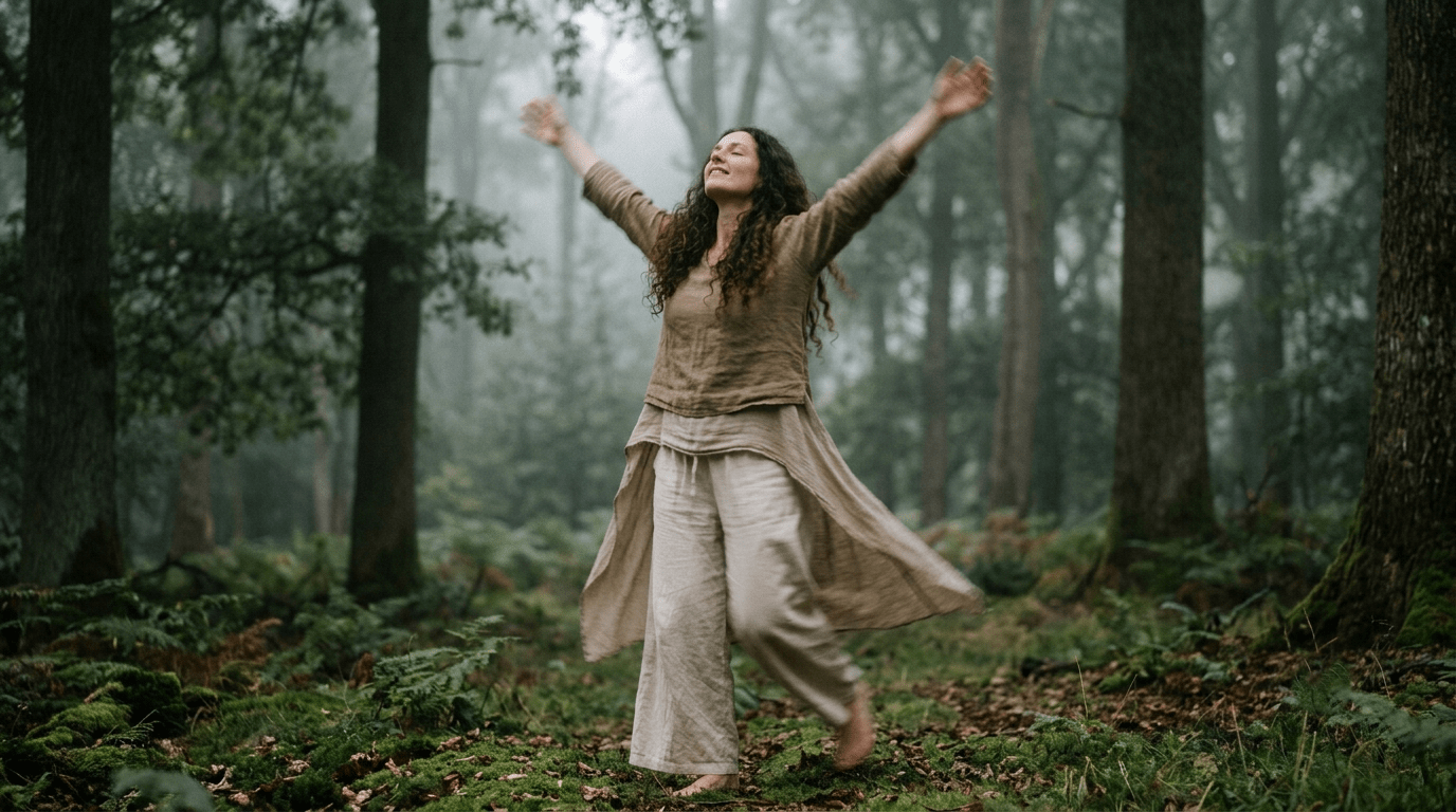 Free, flowing movement in a natural forest demonstrates somatic mindfulness and the release of tension. 