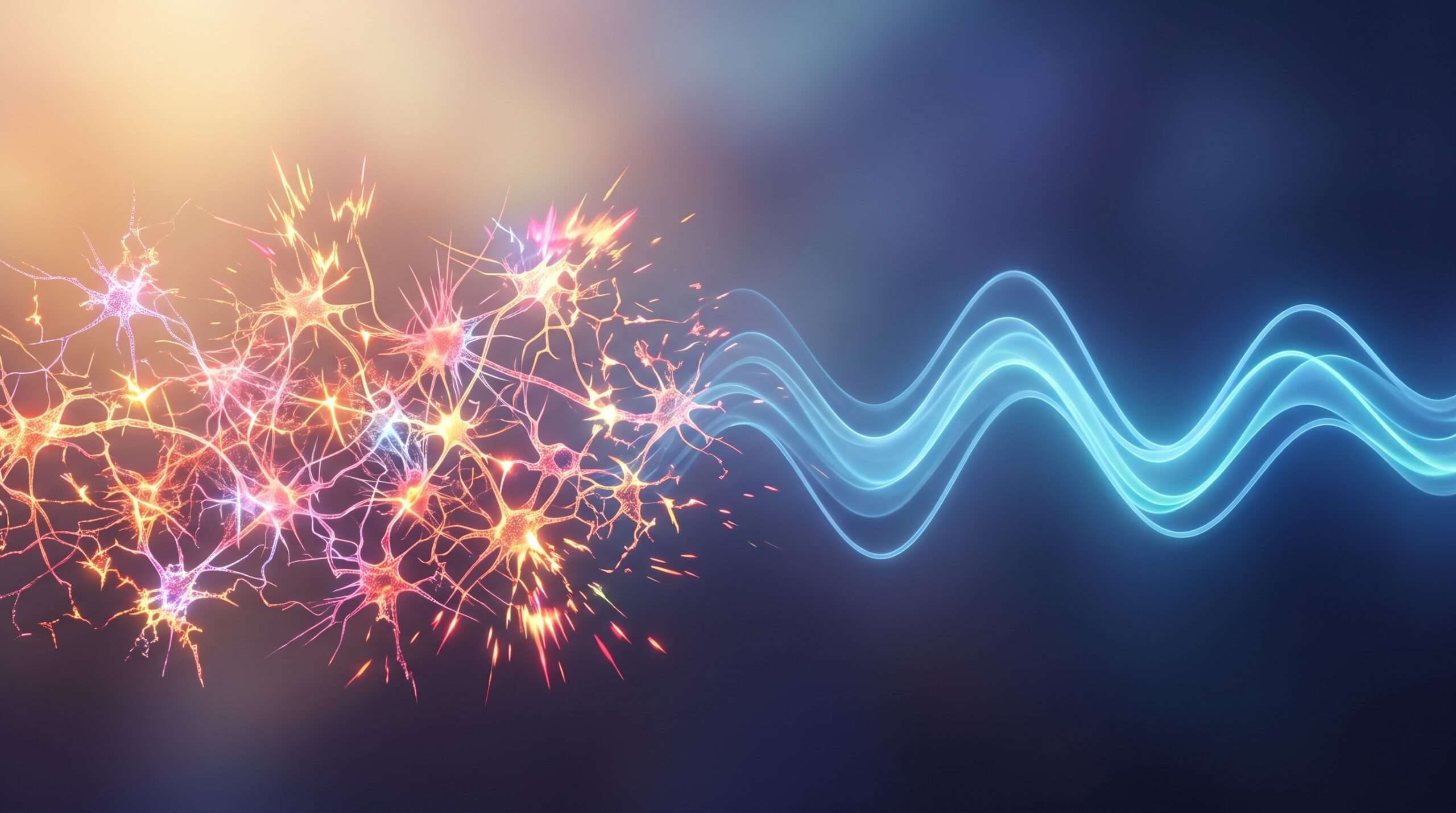 A minimalist visualization comparing rapid, high-frequency neural activity on the left with slow, calm, sine-wave brain oscillations on the right, illustrating the transition from stress to cognitive stillness.