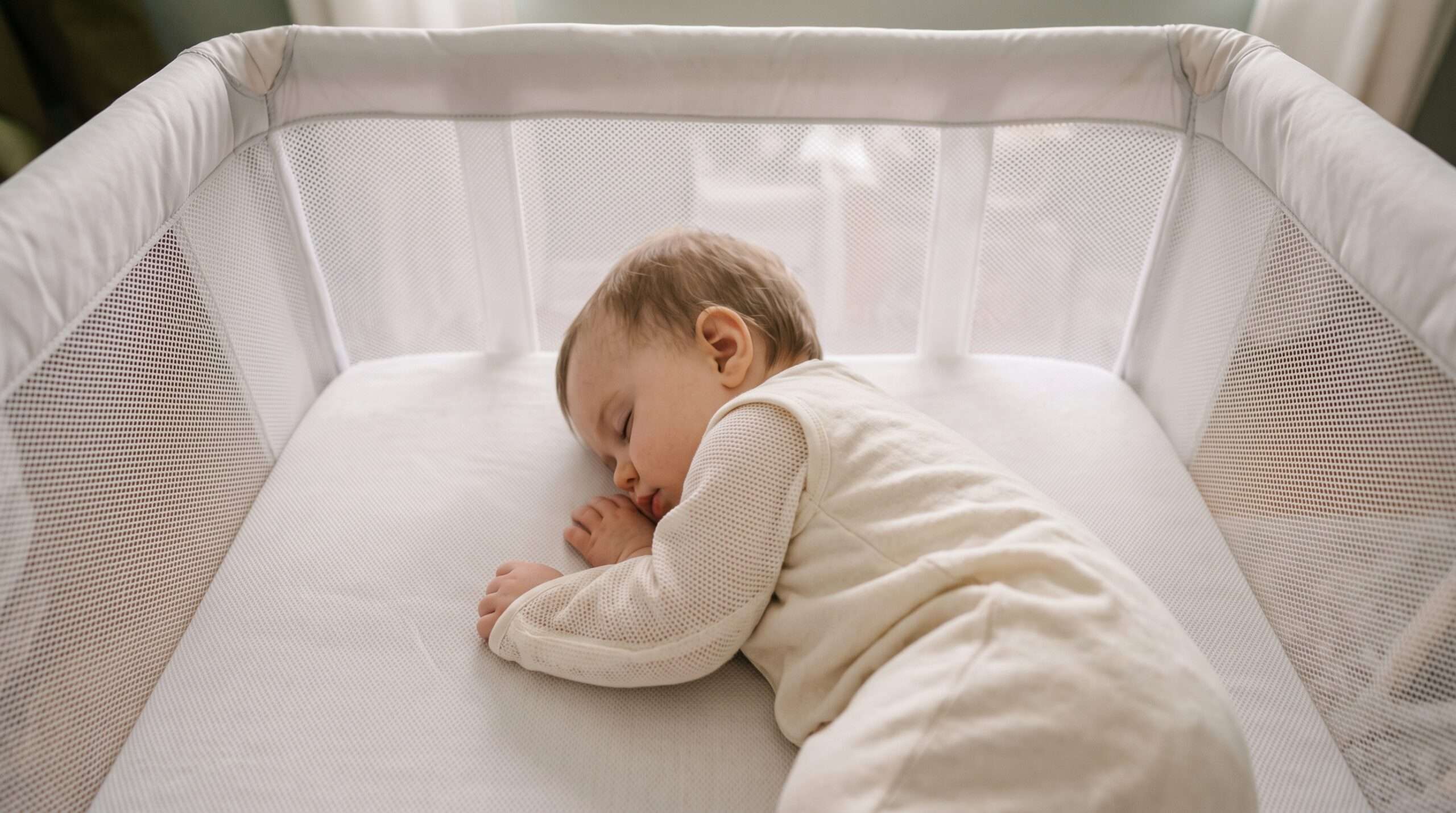 Inside the Dream On Me Pack N Play, showing a sleeping baby against breathable mesh sides for healthy sleep