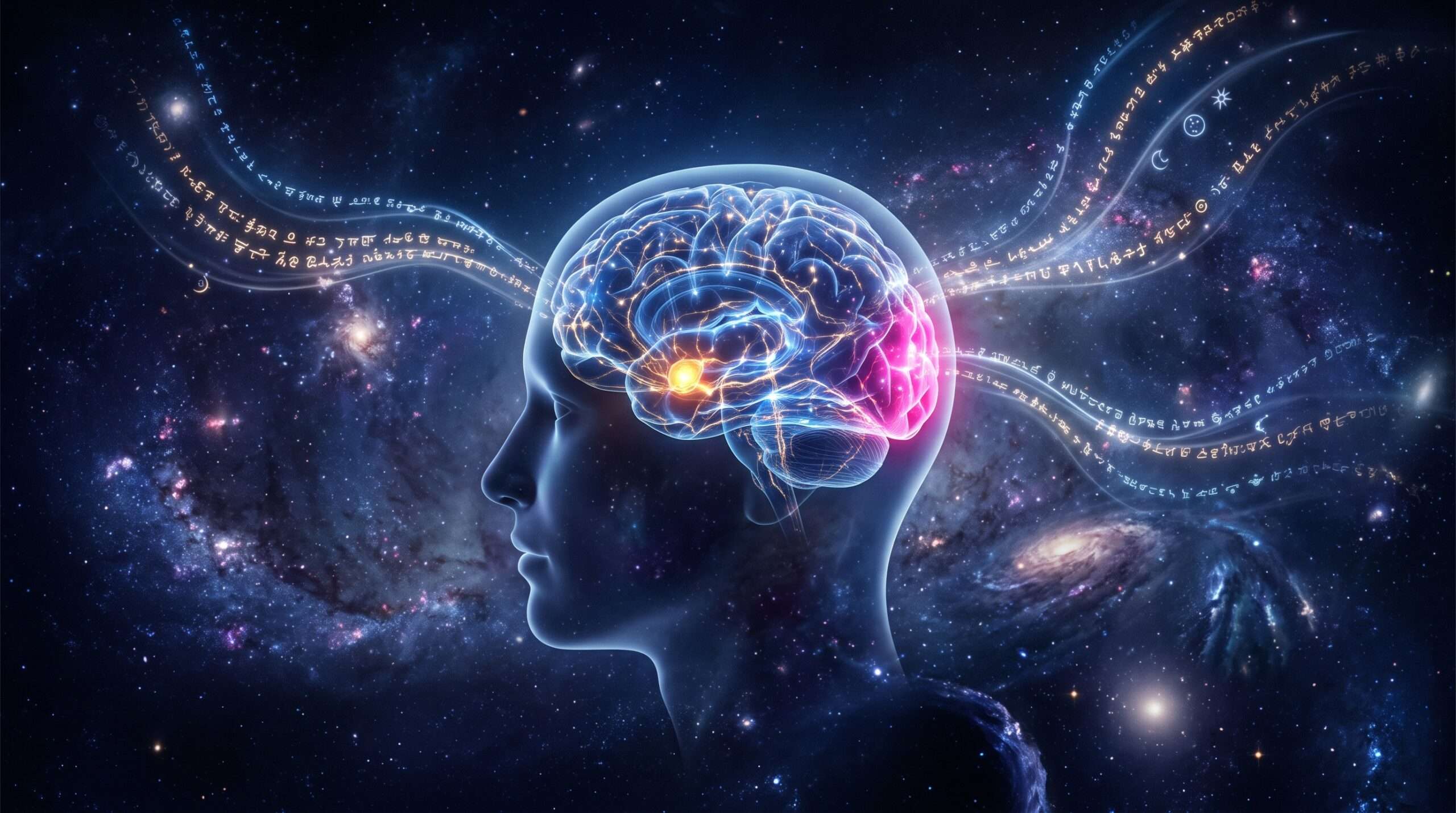 A luminous visualization of human brain activity during REM sleep, illustrating the emotional and visual centers activated when translating dreams.