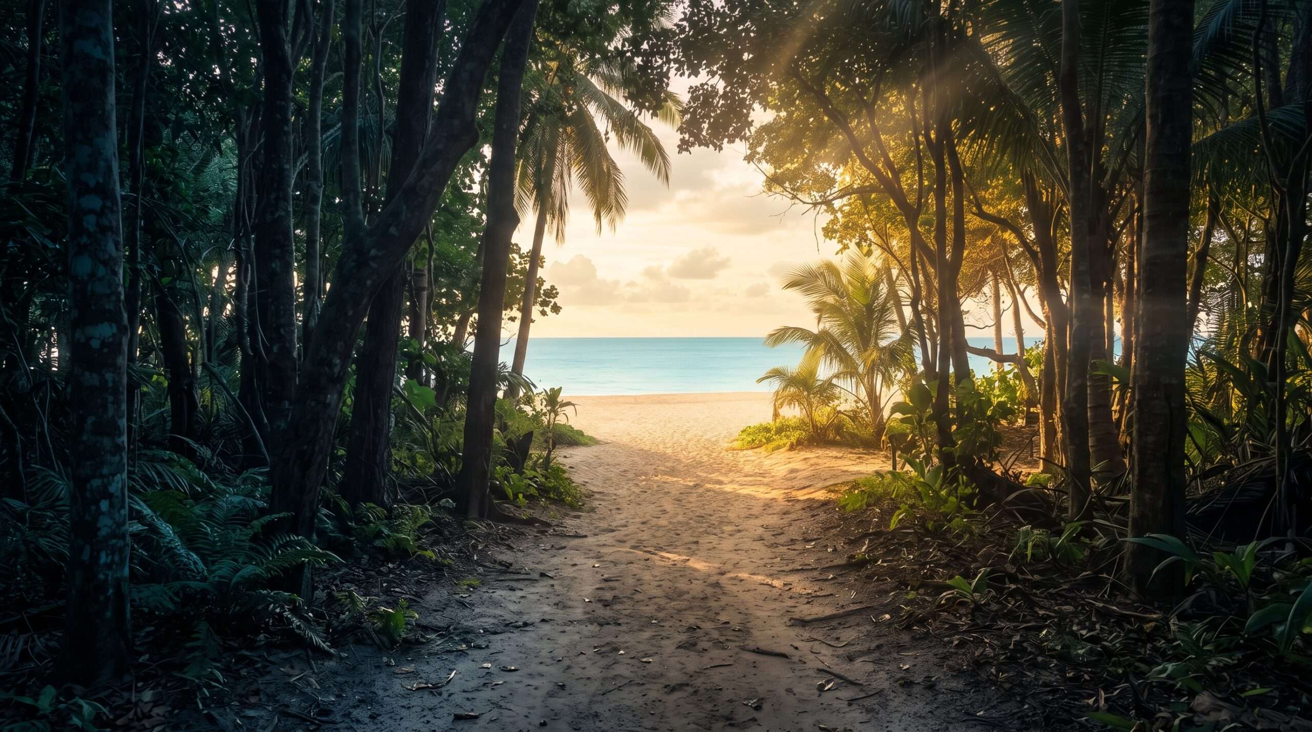 A tranquil forest path opening up to a bright tropical beach, symbolizing the relief of escaping burnout through environmental psychology. 