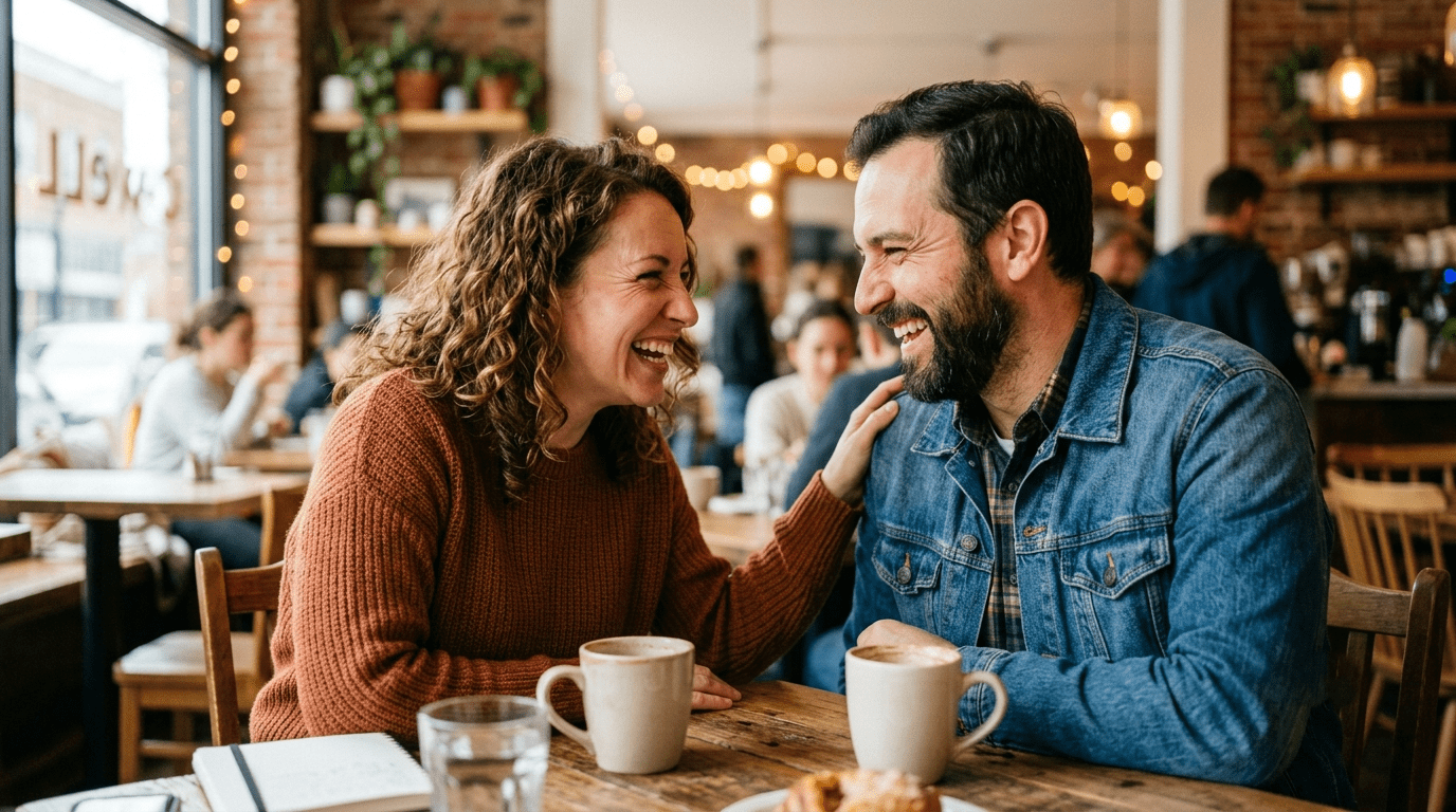 Two people laughing and connecting sincerely, demonstrating deep, intentional social bonds. 