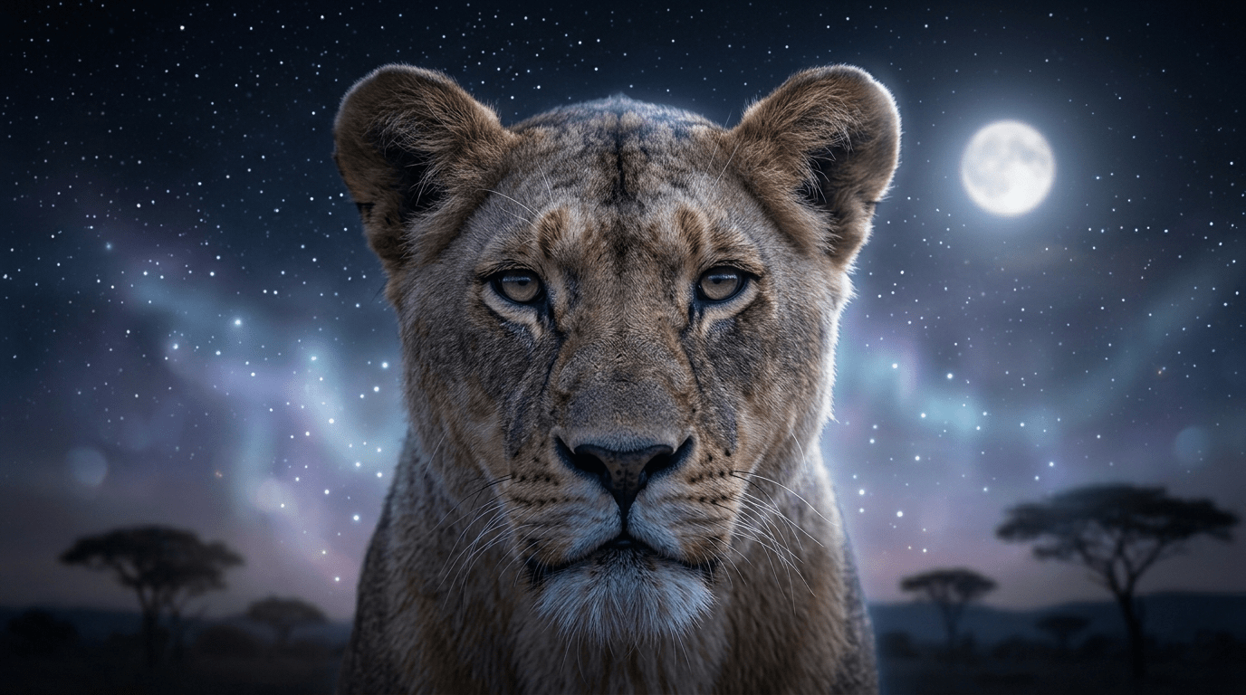 Ethereal lioness sitting under full moonlight representing divine feminine energy and quiet intuition.