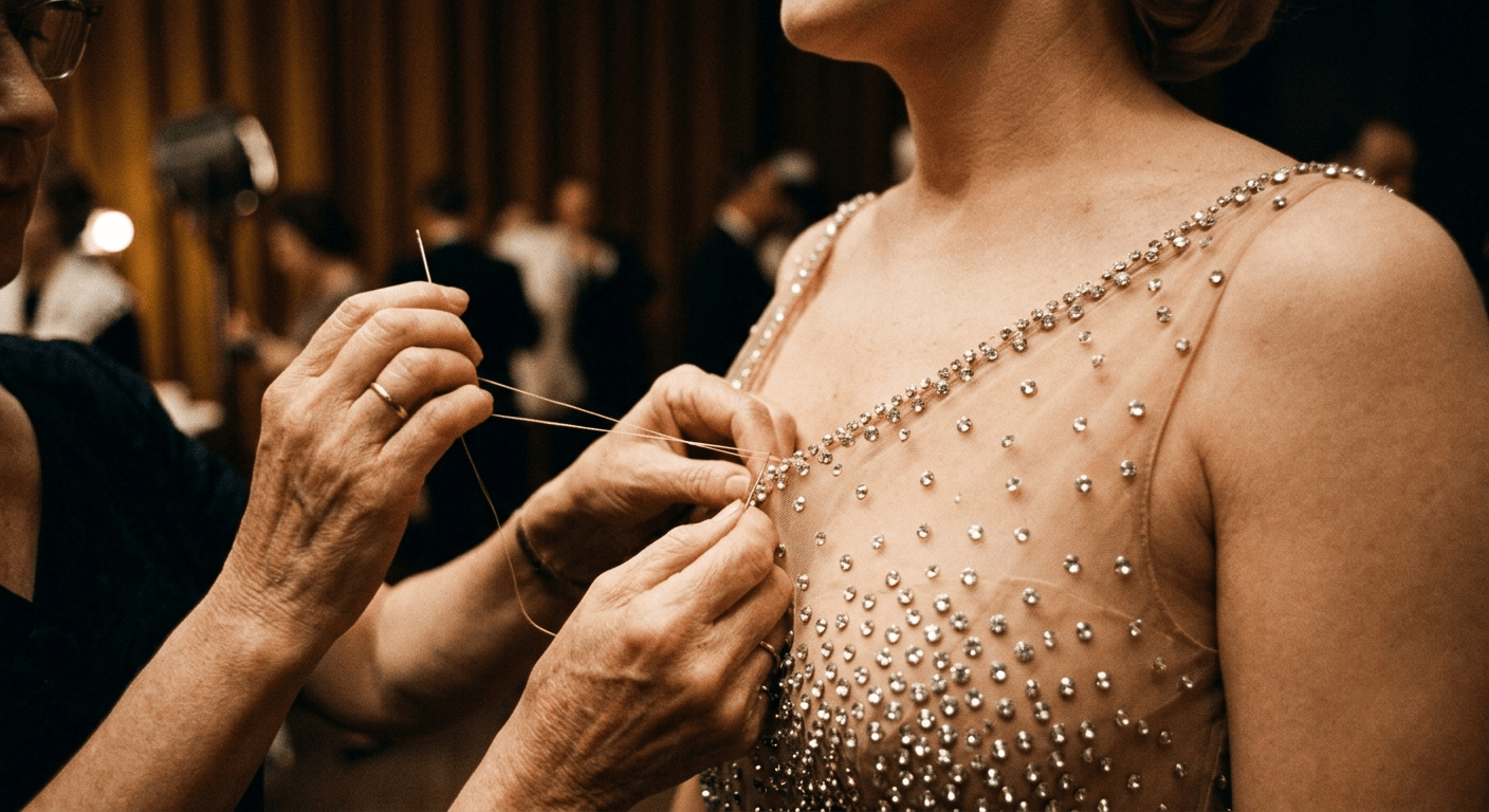 Close-up of the Marilyn Monroe Happy Birthday dress being hand-sewn, illustrating the restrictive construction of the iconic sheer gown.