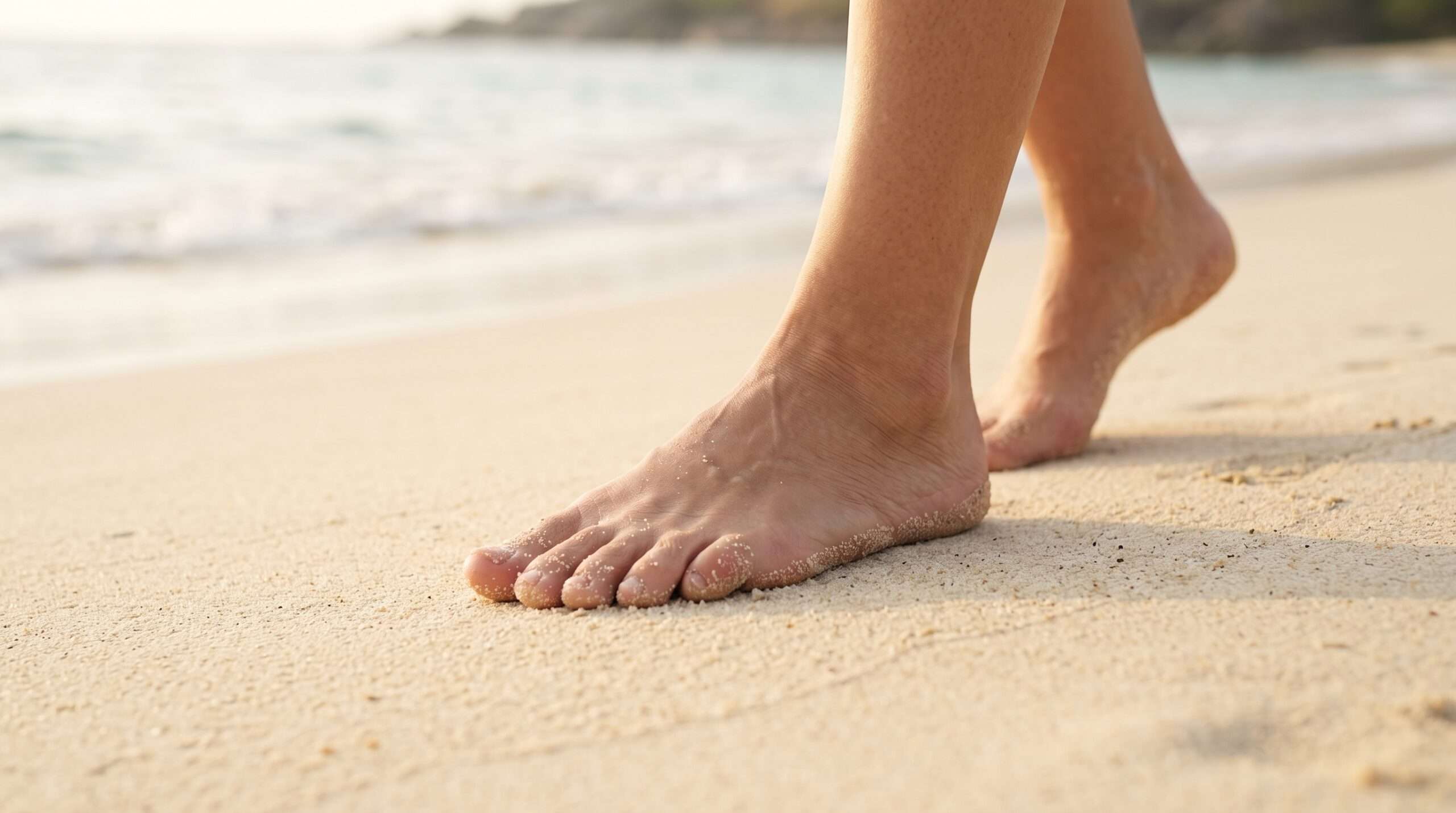  Bare feet walking on the soft sand of Mai Khao beach, practicing mindful grounding and nervous system regulation. 