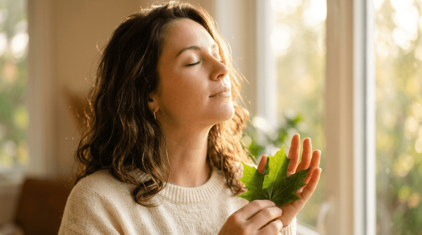 A person deeply savoring a sensory moment, demonstrating micro-gratitude by focusing on light and texture. 