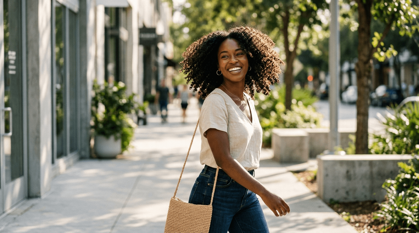 Portrait of happy woman displaying dynamic, bouncy, frizz-free natural curls in the sunshine.