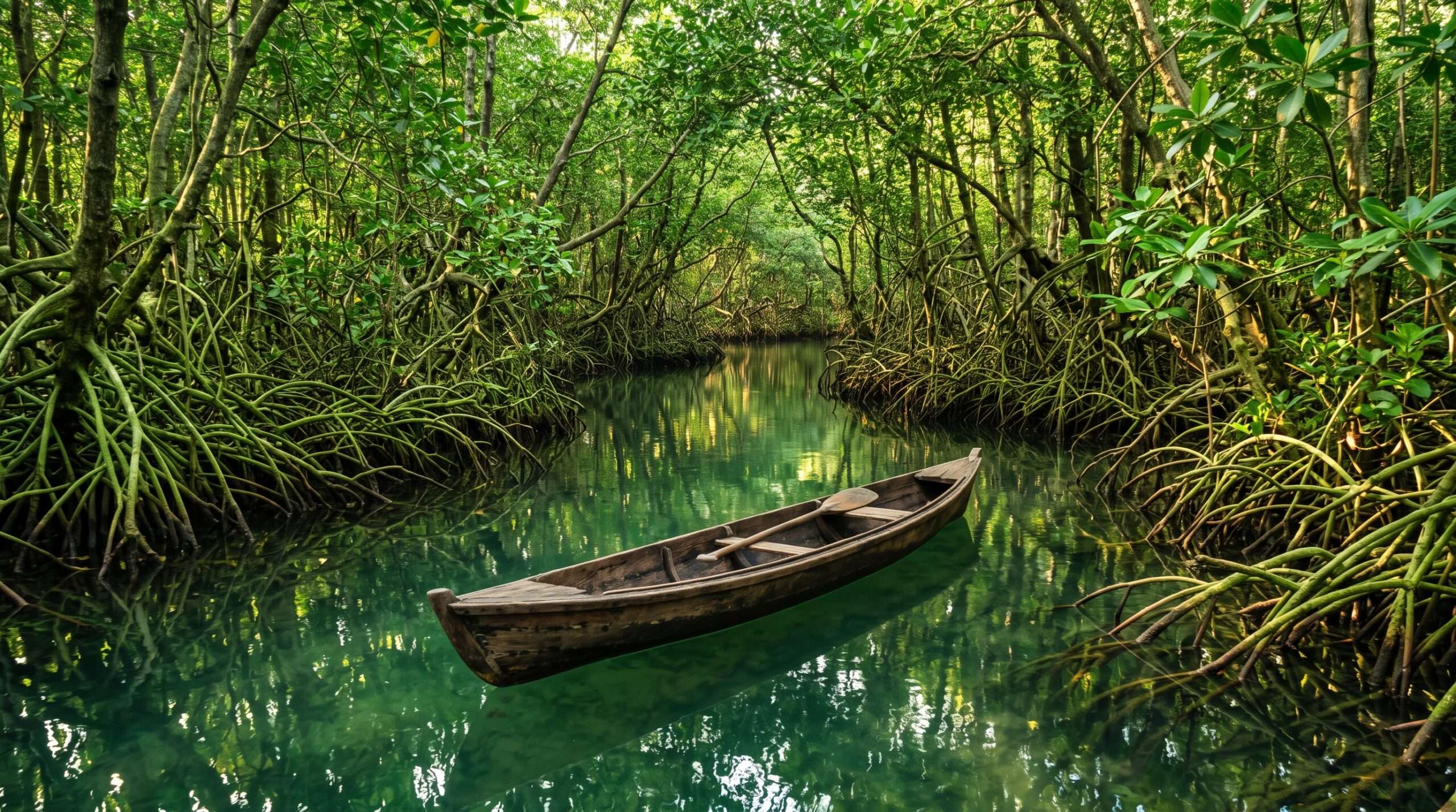 A peaceful kayak floating through the calm, untouched mangrove forests near Sirinat National Park in Phuket. 