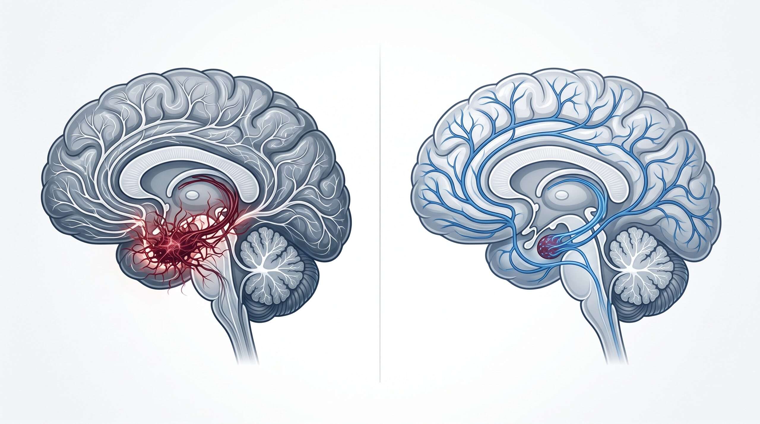 A precise graphic illustration showing two abstract brain diagrams; the right diagram shows a visibly reduced and diffused 'stress center' (amygdala region) compared to the left, demonstrating physical neuroplasticity from consistent mindfulness and stillness practices.