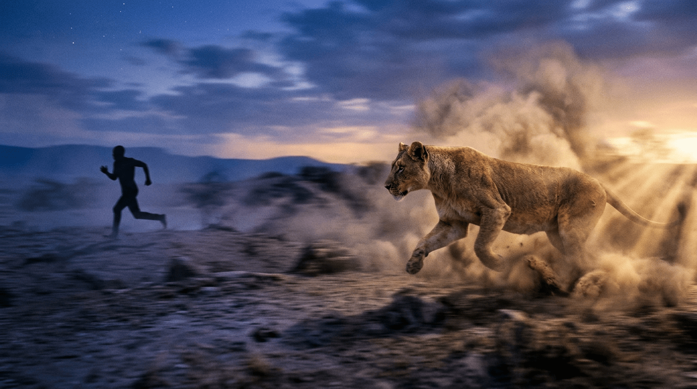 Dynamic dream lioness in motion chase symbolizing shadow work and internal conflict.