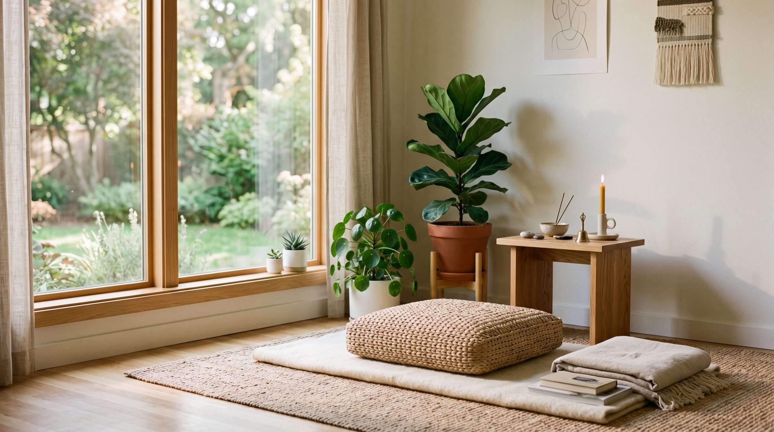 A mindful indoor space with natural light and plants designed to maintain a regulated nervous system at home. 