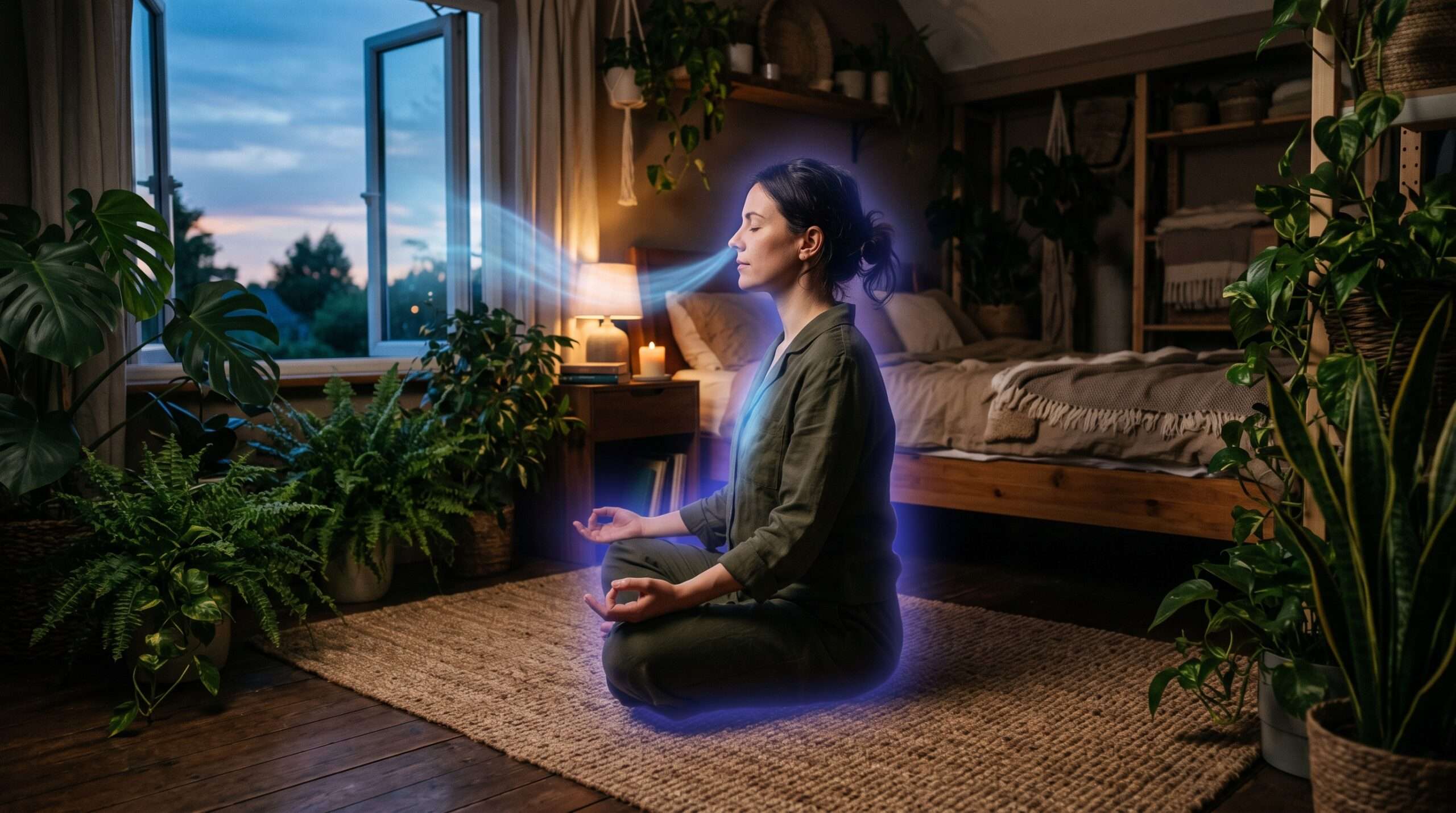 A person practicing pre-sleep mindfulness and grounding techniques in a peaceful, plant-filled bedroom to achieve deep rest and positive dreams.