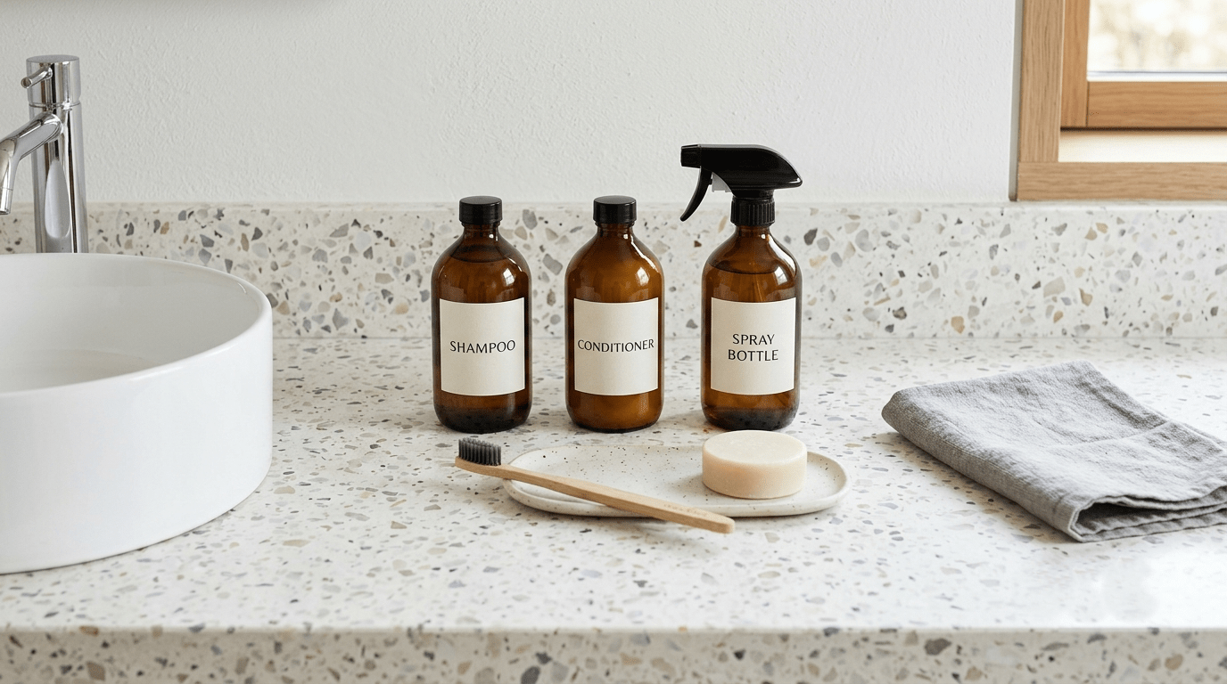 Minimalist bathroom counter arrangement representing a simple, stress-free curly hair care routine.