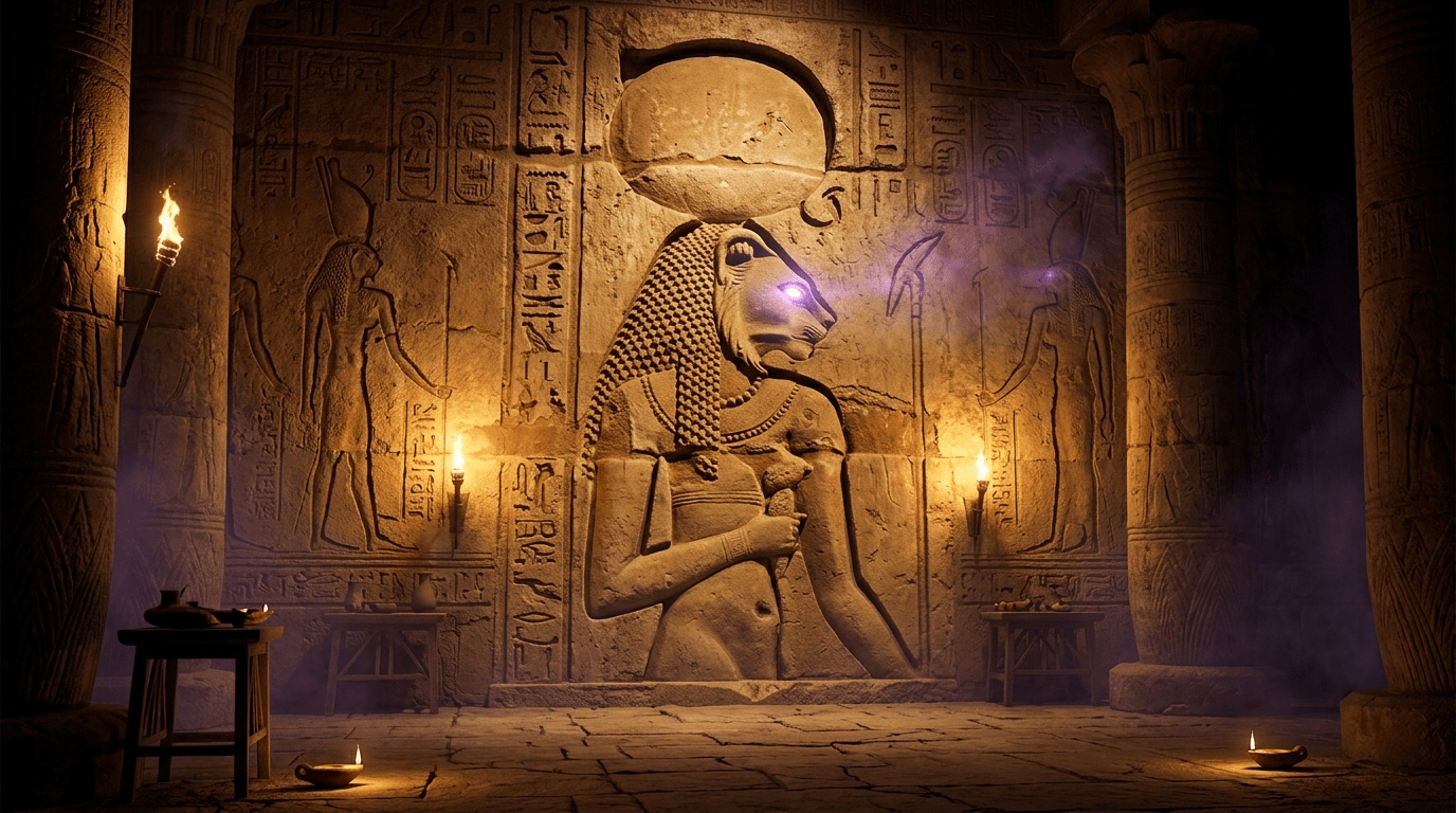 Ancient Egyptian relief carving of the lioness goddess Sekhmet illuminated by mystical light.