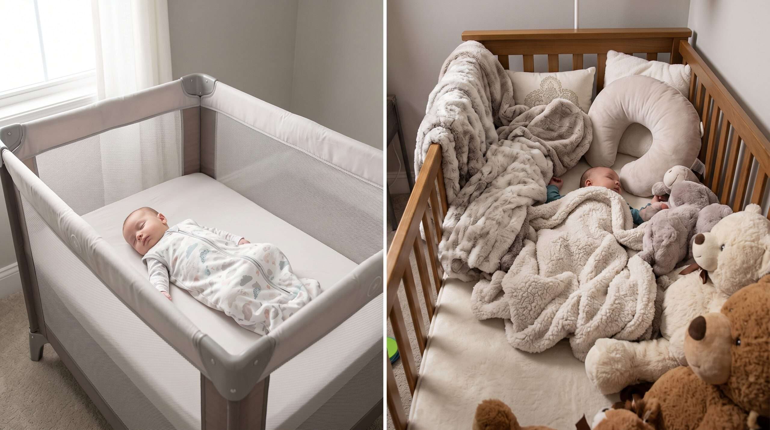 A visual contrast showing a safe baby sleep setup in a Dream On Me Pack N Play vs. a cluttered, unsafe crib with blankets and toys.