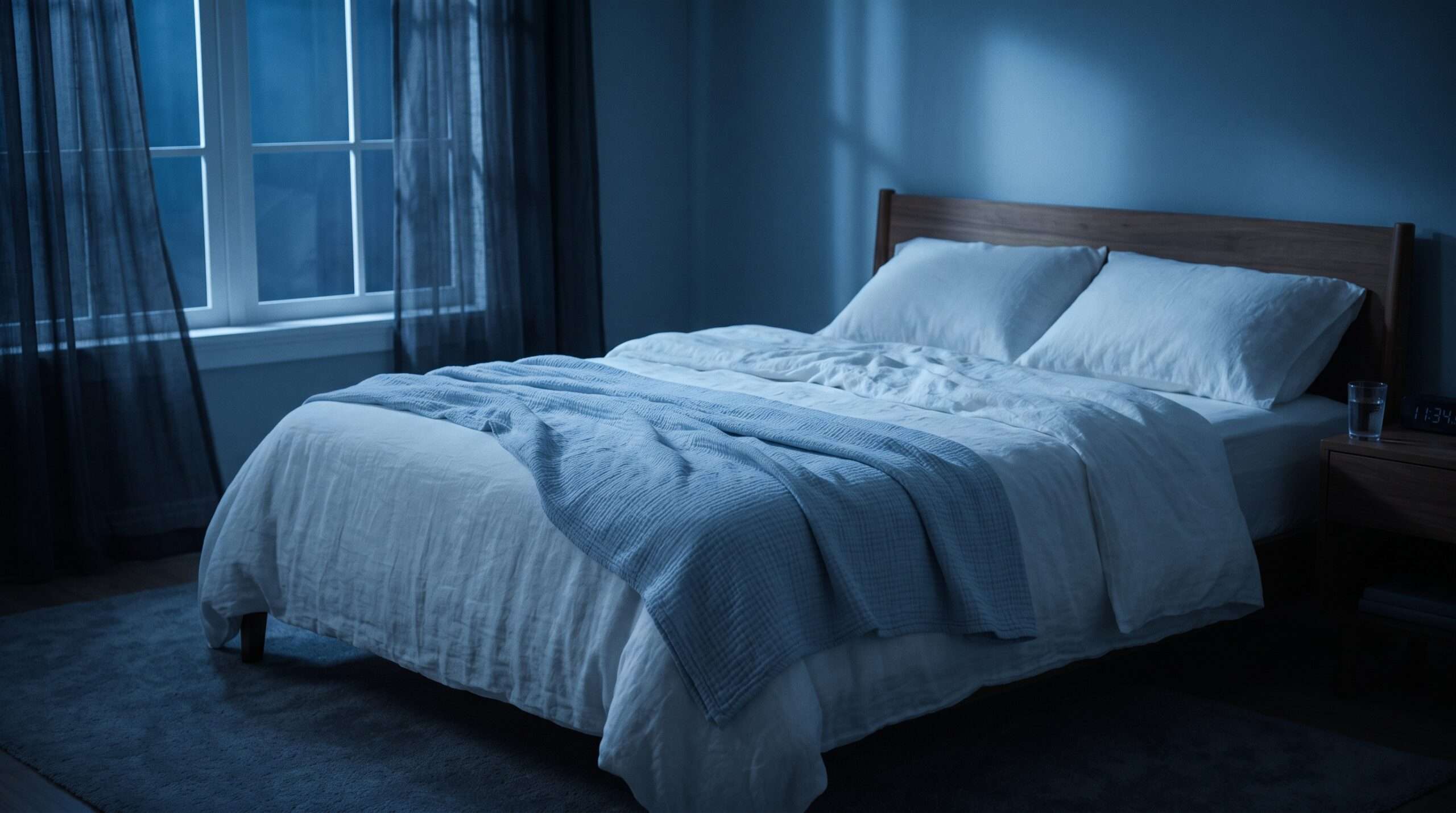 A cool, tranquil bedroom environment highlighting optimal sleep temperature and thermoregulation.
