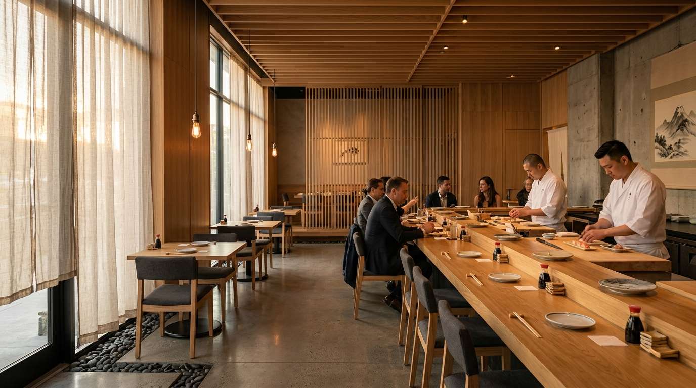 Modern upscale sushi restaurant interior with warm lighting during happy hour.