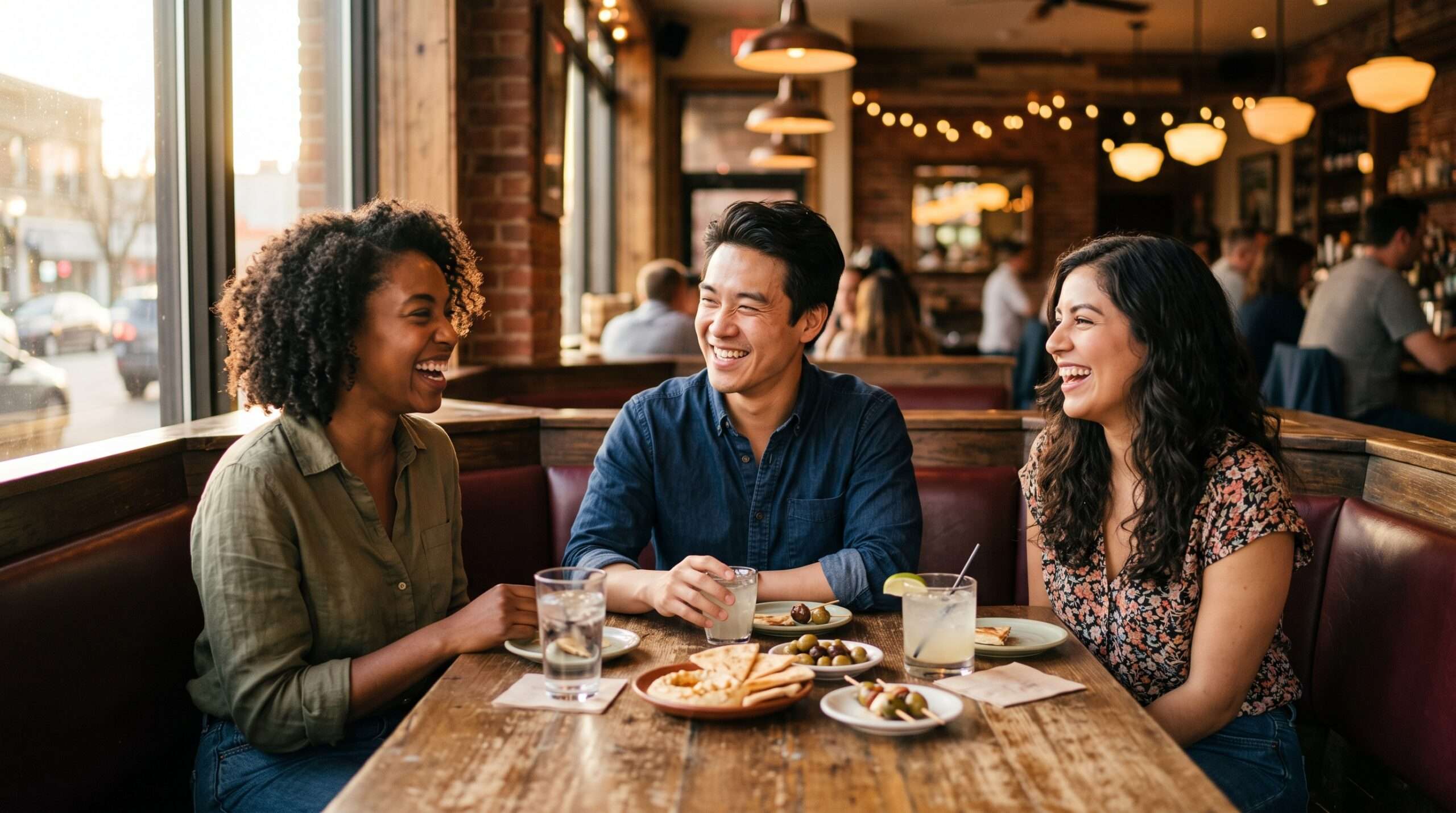 Friends laughing and experiencing cognitive relief during afternoon happy hour after work. 