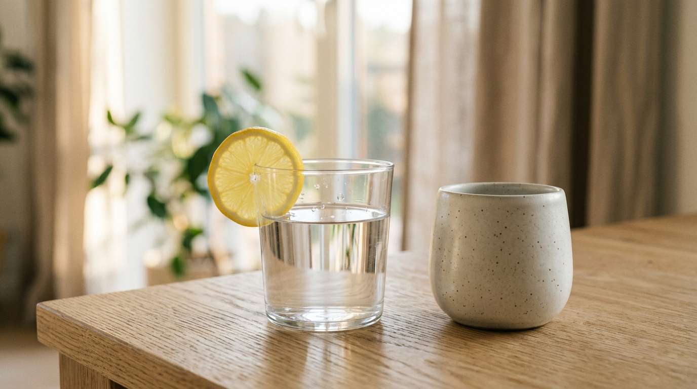 Glass of water with lemon for mindful hydration during dinner.
