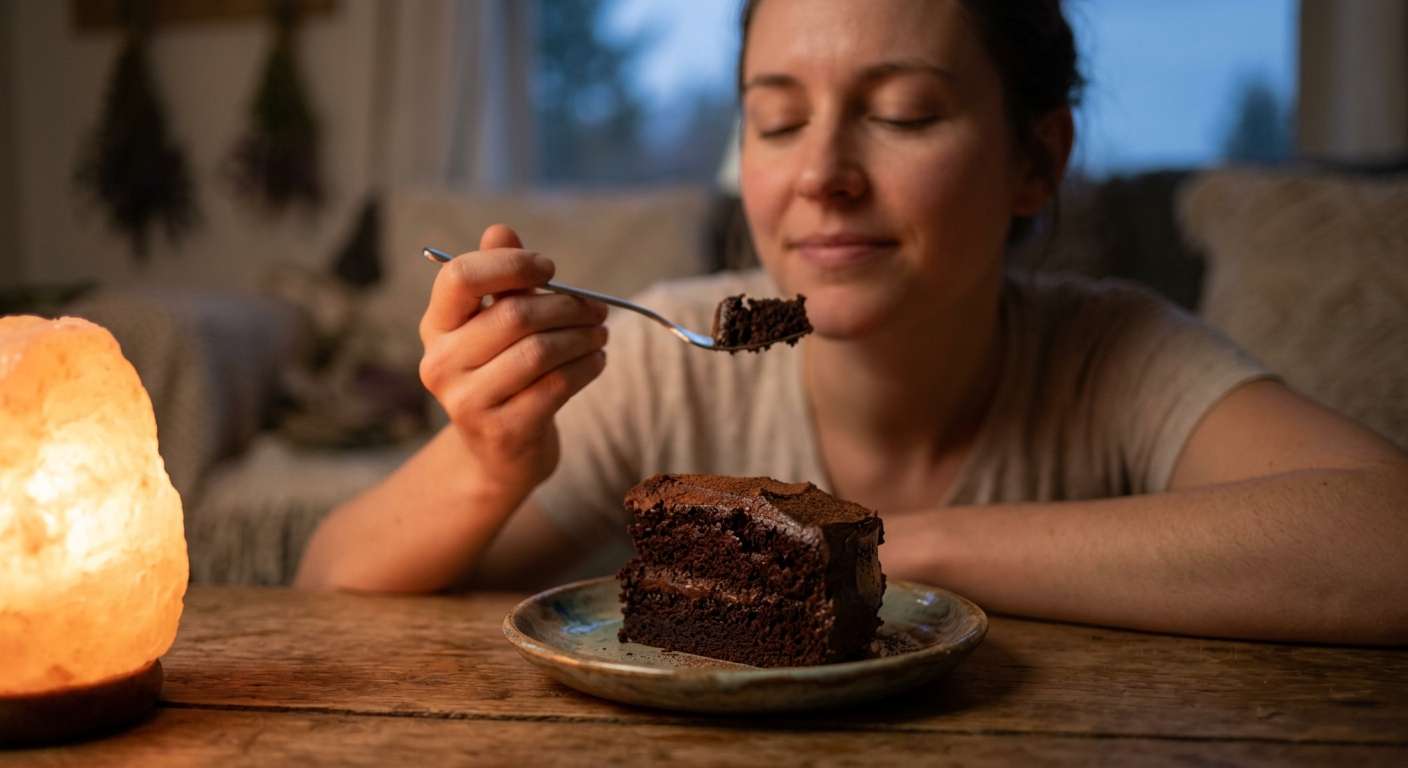  A person peacefully practicing mindful eating with a slice of sleep-friendly chocolate birthday cake at twilight.
