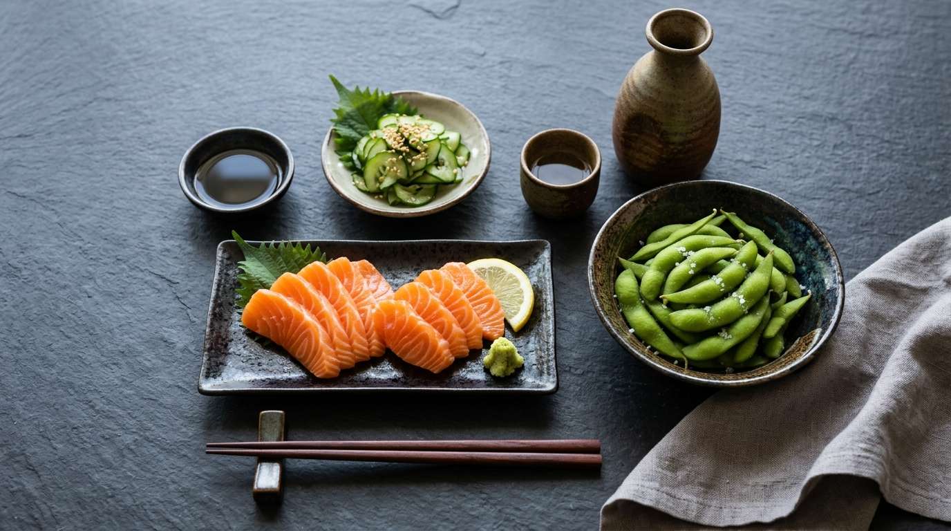 Fresh salmon sashimi and edamame plate for a healthy happy hour.