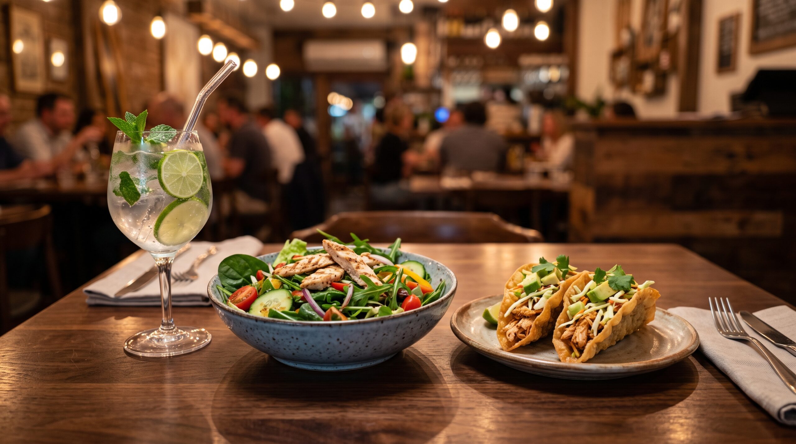 Healthy and light menu options including a mocktail and chicken wonton tacos for a mindful happy hour. 
