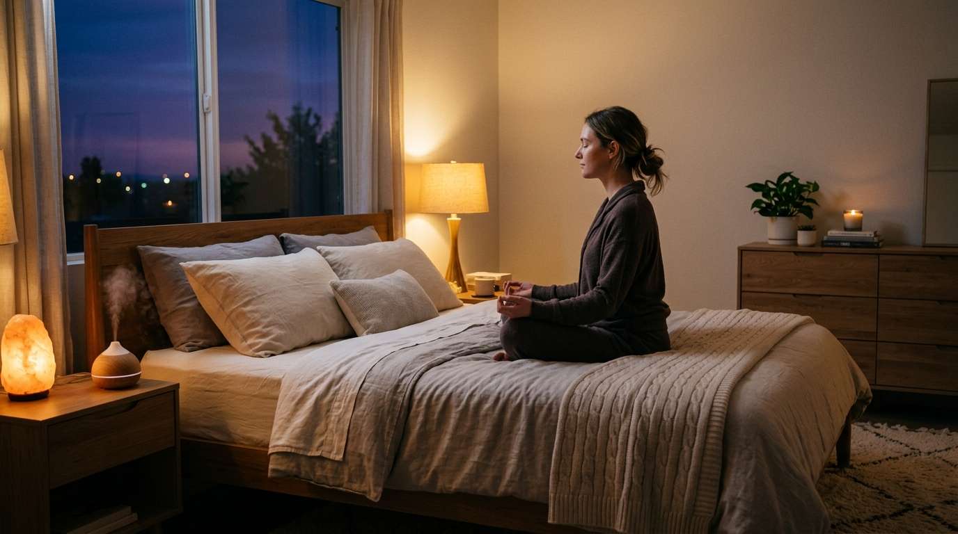 Peaceful bedroom setting for evening wind-down and relaxation routine.