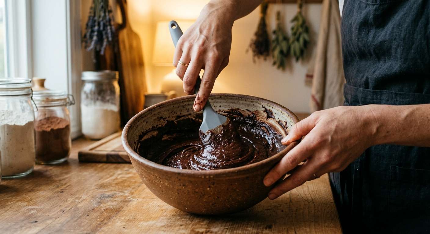 Hands mindfully mixing a raw cacao cake batter in a rustic earthenware bowl, demonstrating a calming baking process.
