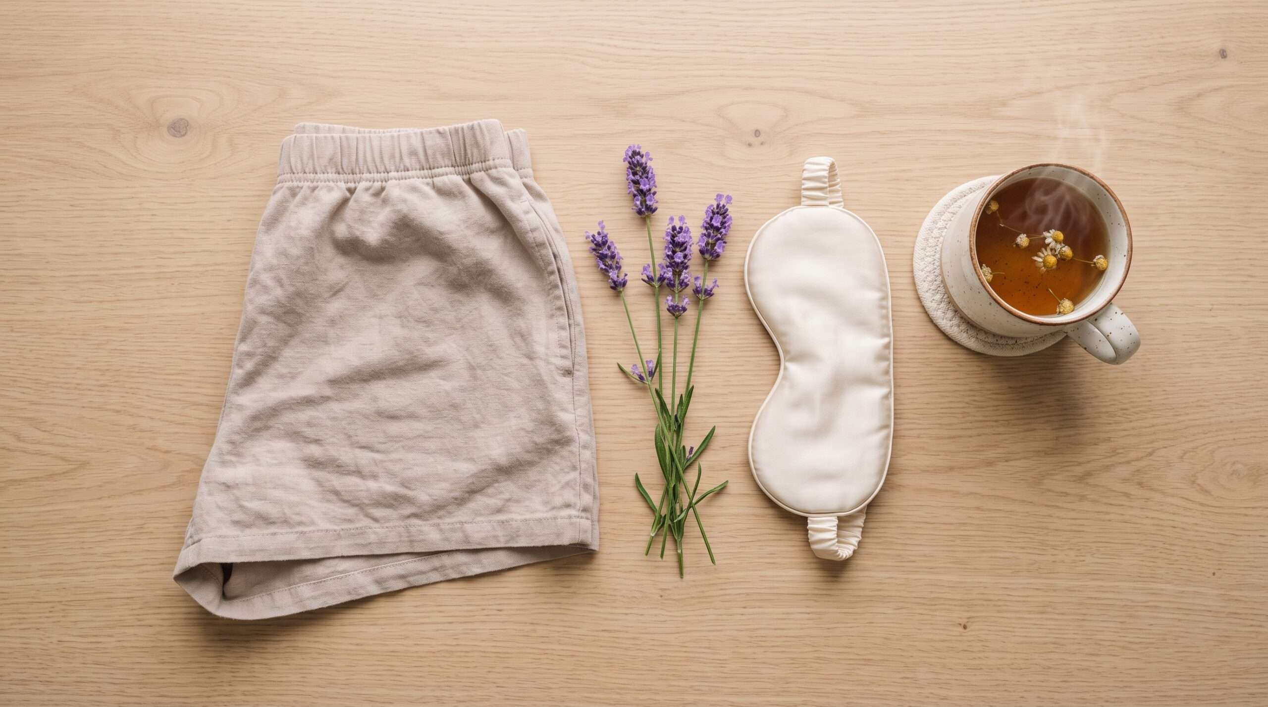 Minimalist flat lay showing soft dreamer shorts alongside relaxing nighttime sleep aids like lavender and chamomile tea.