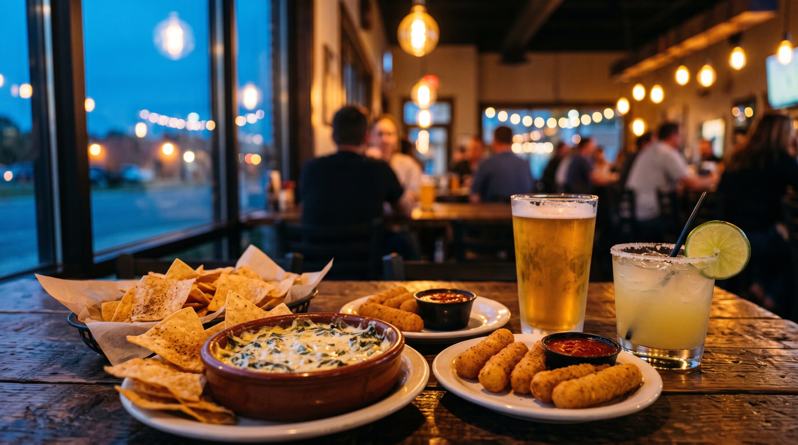 A close-up view of shared happy hour appetizers and cocktails on a restaurant table during early evening. 