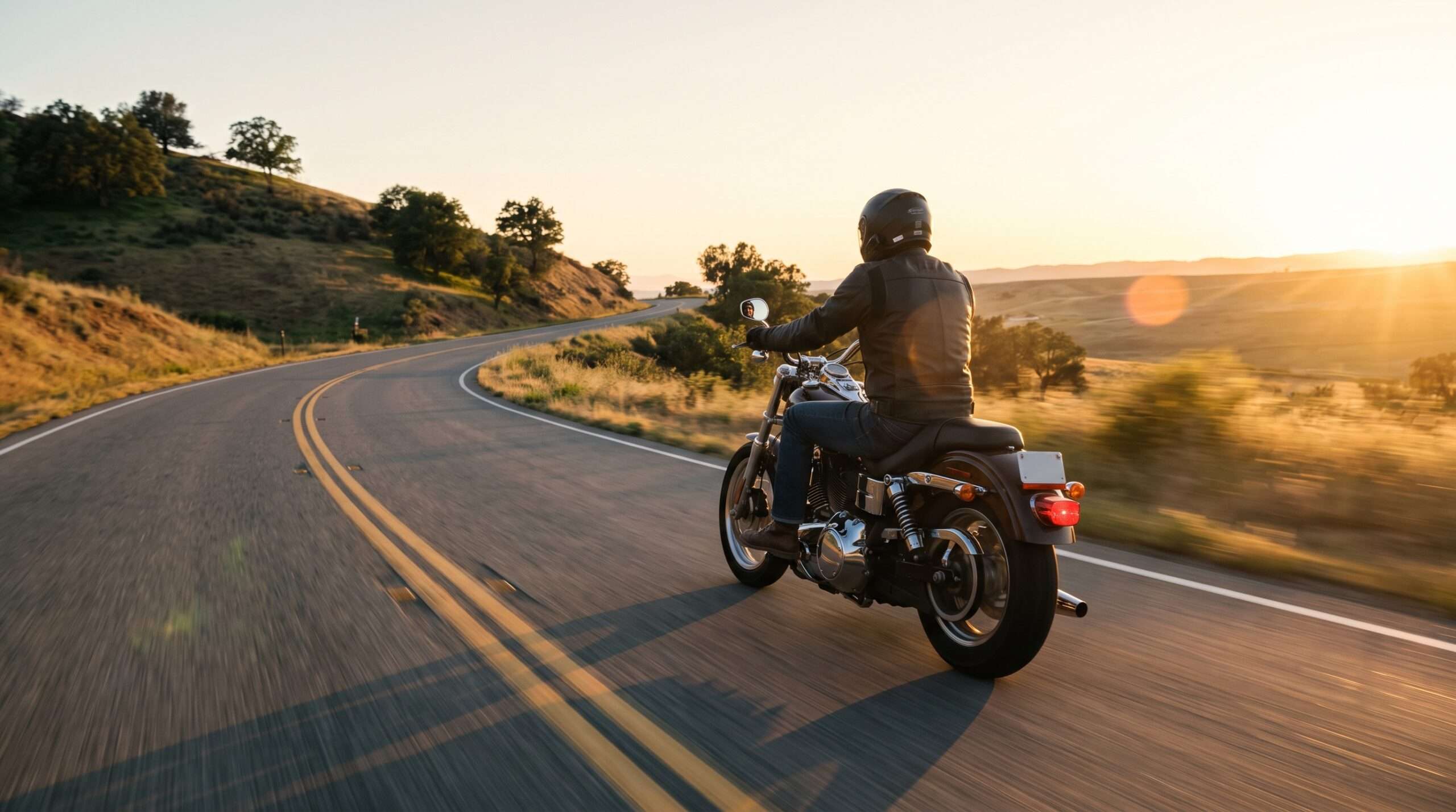 A motorcyclist riding on a scenic, winding open road during sunset.