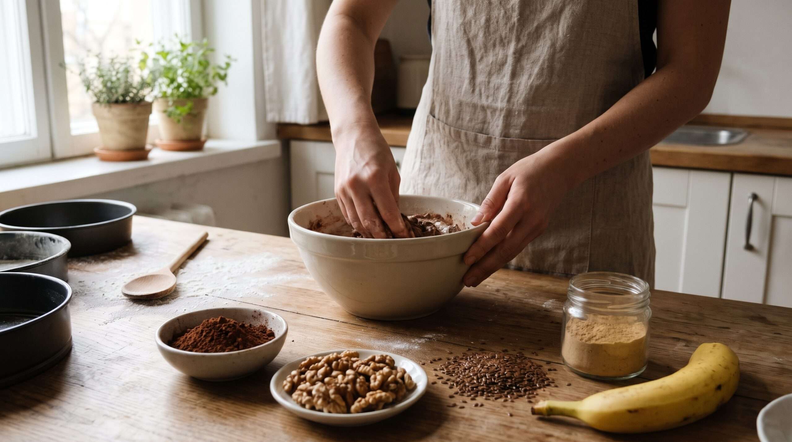 Hands preparing a healthy, nutrient-dense chocolate cake in a warm kitchen, surrounded by walnuts, cacao, and natural ingredients for mood-boosting health.
