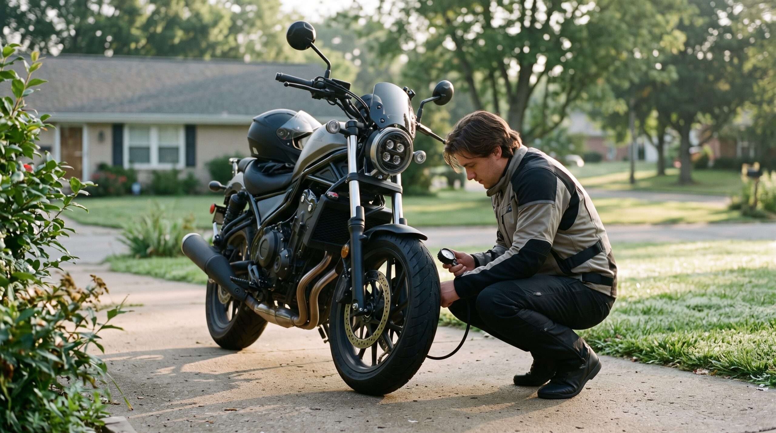 A rider performing a pre-ride safety check on a motorcycle outdoors.