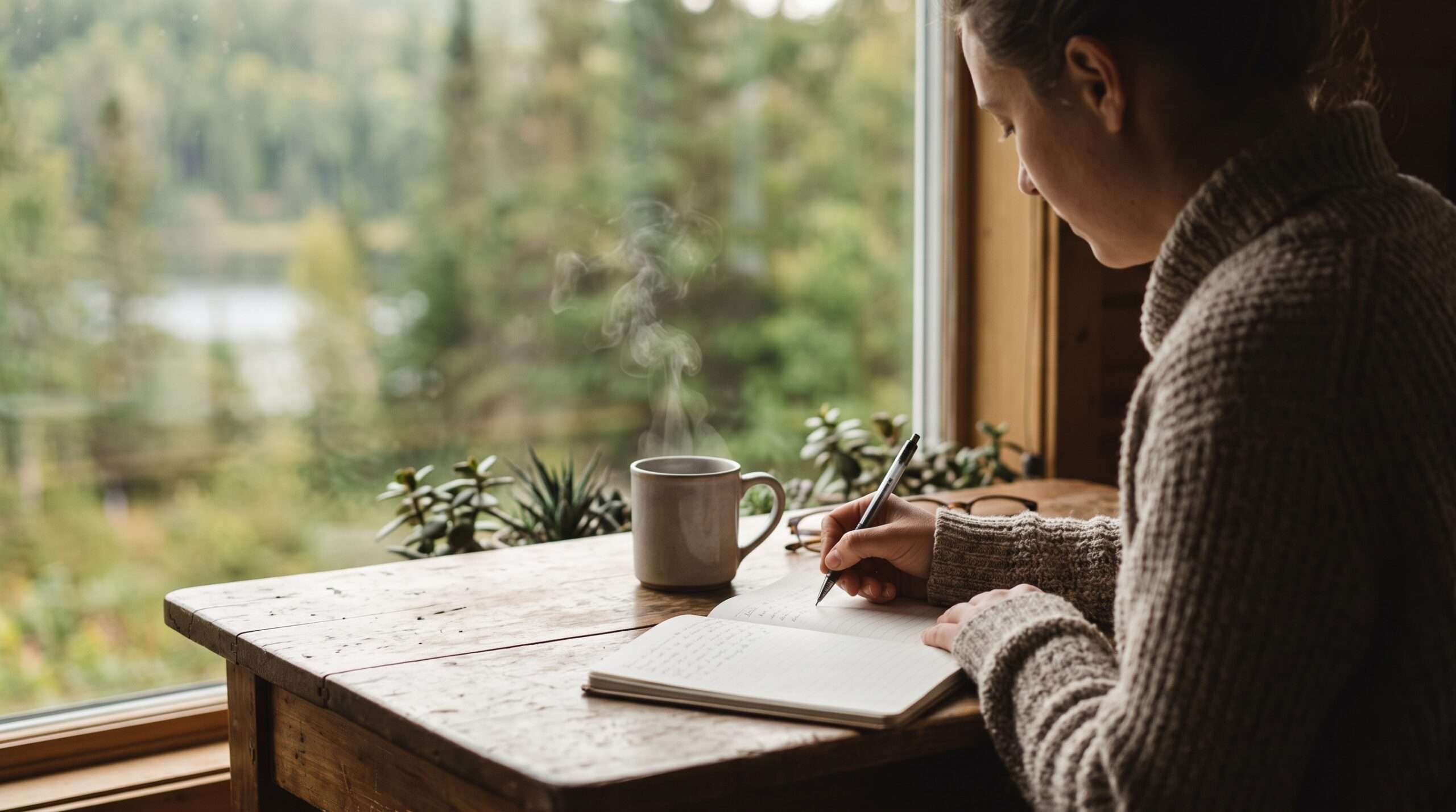 A person journaling in a notebook by a natural morning window, capturing dream memories and sensory details.
