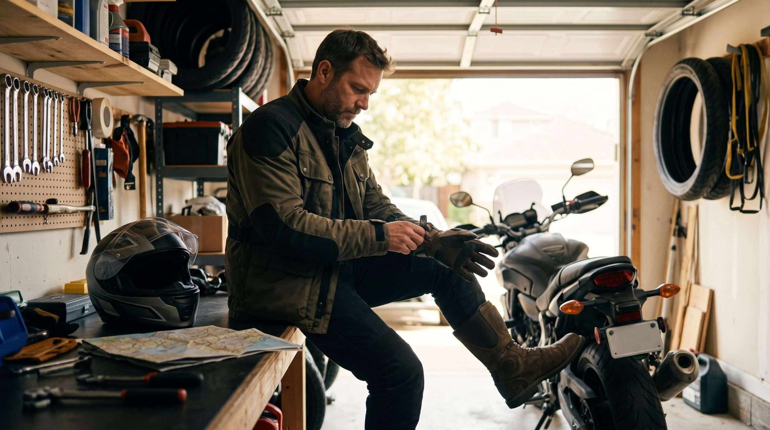 A man putting on motorcycle riding gear in a garage before a ride.