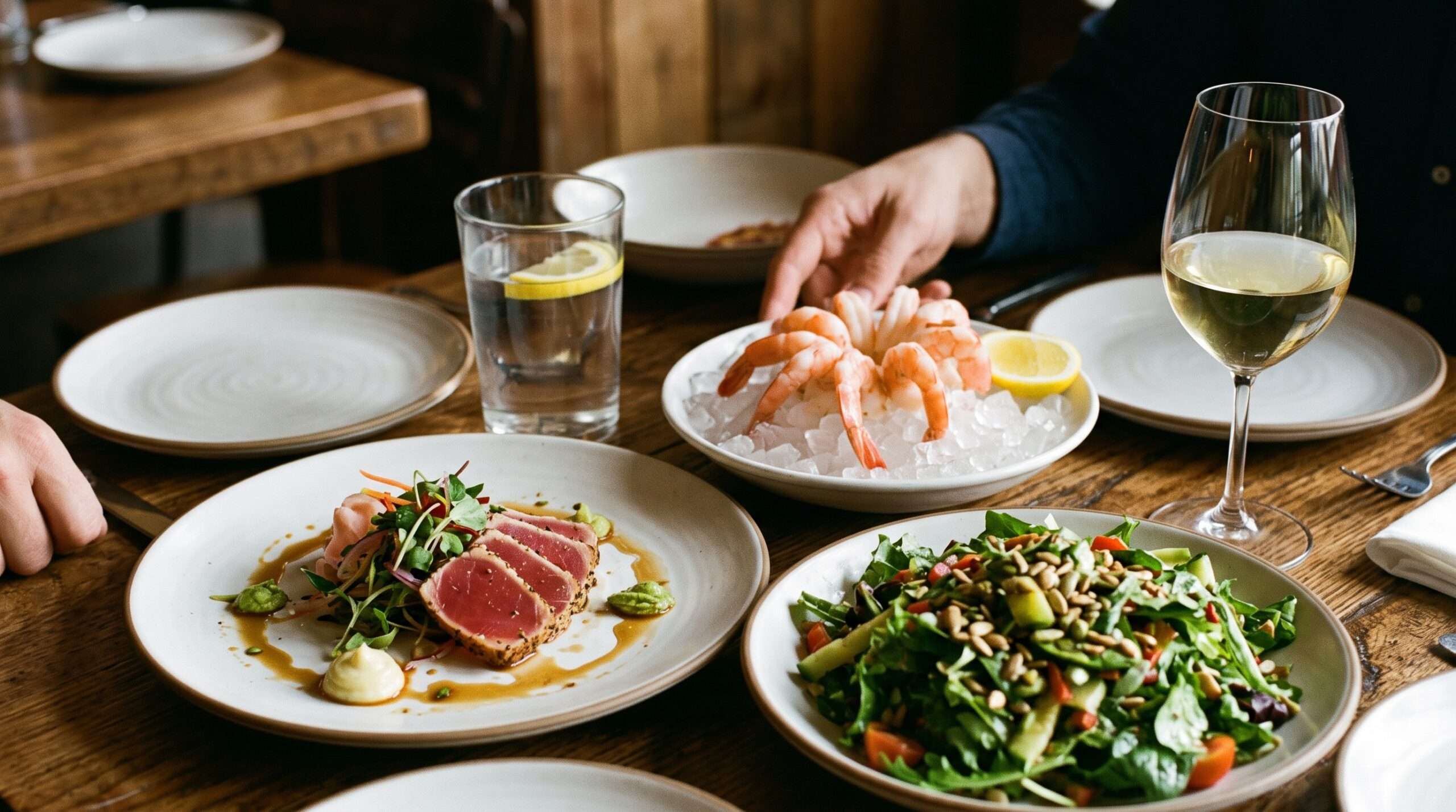 Sleep-safe happy hour meals including seared ahi tuna tataki, shrimp cocktail, salad, and a glass of water on a restaurant table.