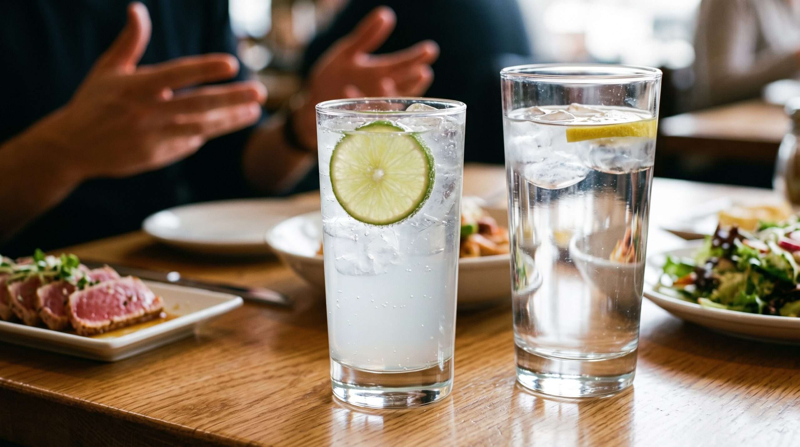 A refreshing highball cocktail with lime side-by-side with a large glass of water on a restaurant table during happy hour.