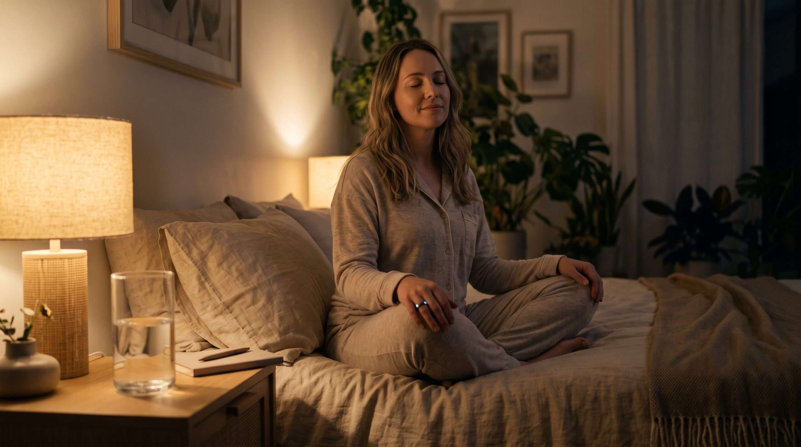 A woman in comfortable pajamas practicing a grounding meditation on her bed in warm, dim lighting to wind down and prepare for deep sleep