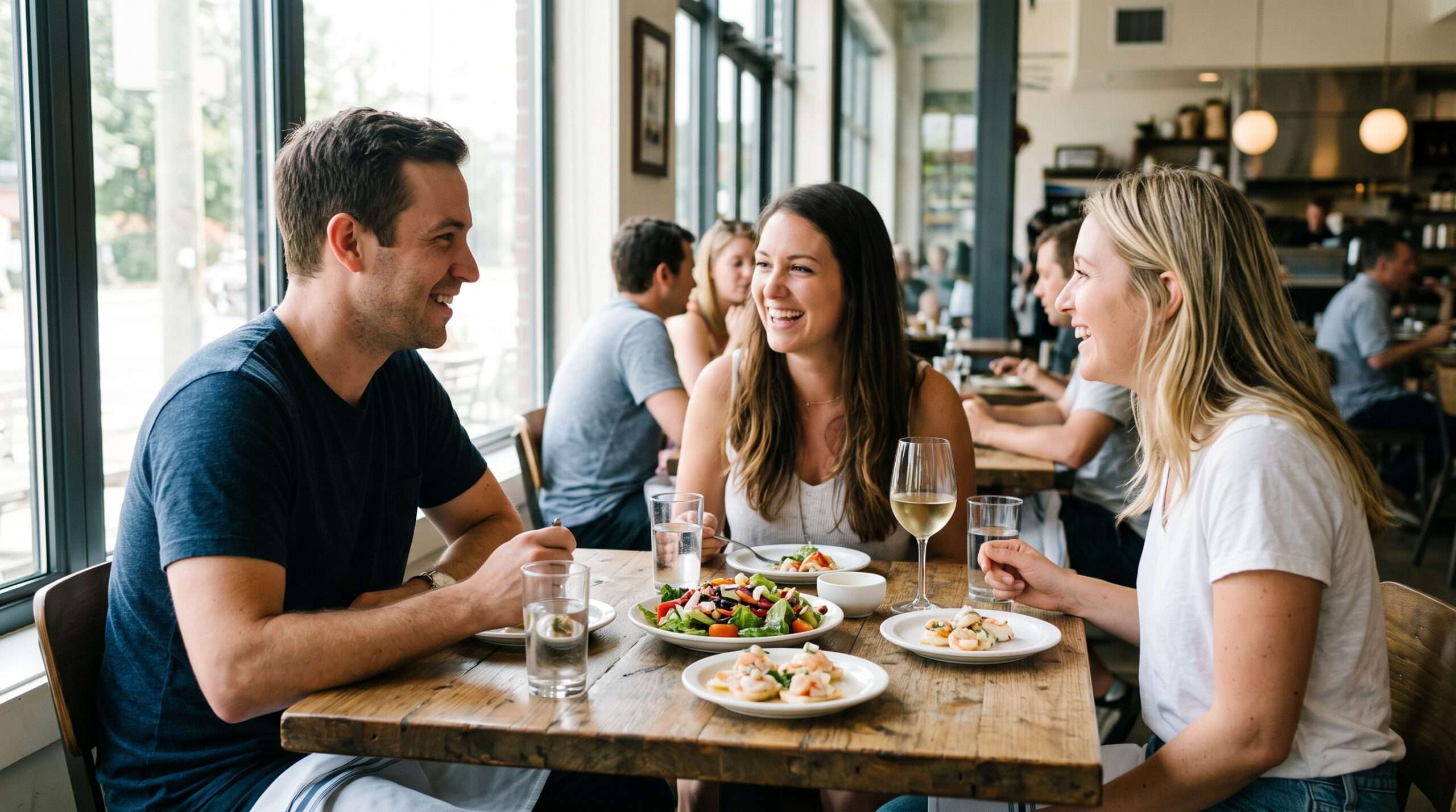 A group of friends laughing while eating light dishes and drinking water during afternoon happy hour in a naturally-lit restaurant.