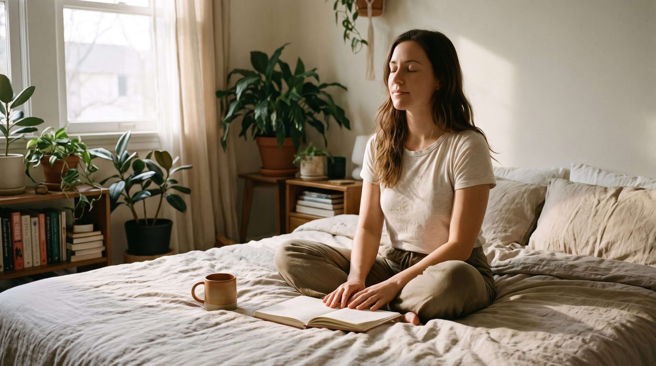 A woman sitting on a bed in gentle morning sunlight, meditating with a journal on her lap to symbolize the Happiness Cake mental framework.
